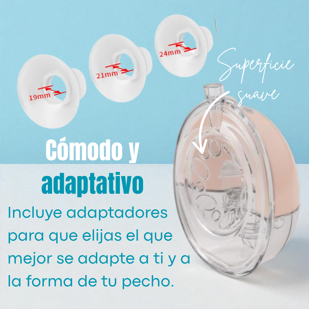 Imagen muestra partes de extractor de leche con indicadores de tamaño. Texto: Cómodo y adaptable. Incluye adaptadores para mejor ajuste.