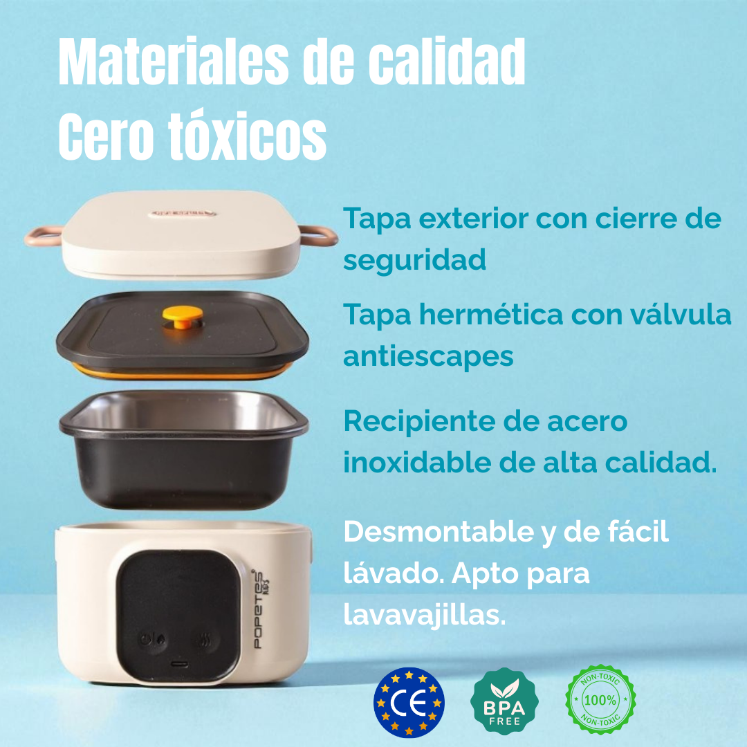 Vista explosionada de un recipiente de comida: tapa, sello, contenedor de acero inoxidable y base, con texto en español.