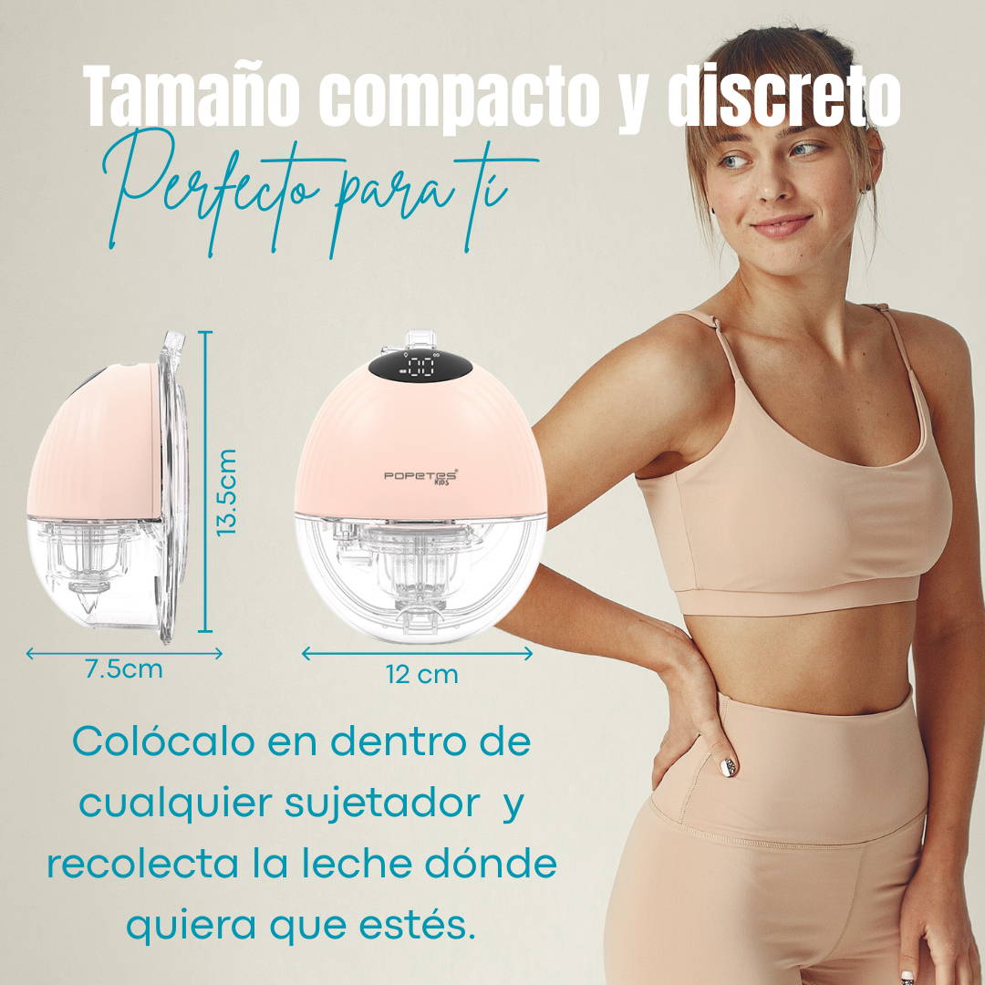 Una mujer junto a un extractor de leche, con texto que indica su tamaño compacto. La bomba tiene dimensiones etiquetadas, y la mujer lleva ropa deportiva.