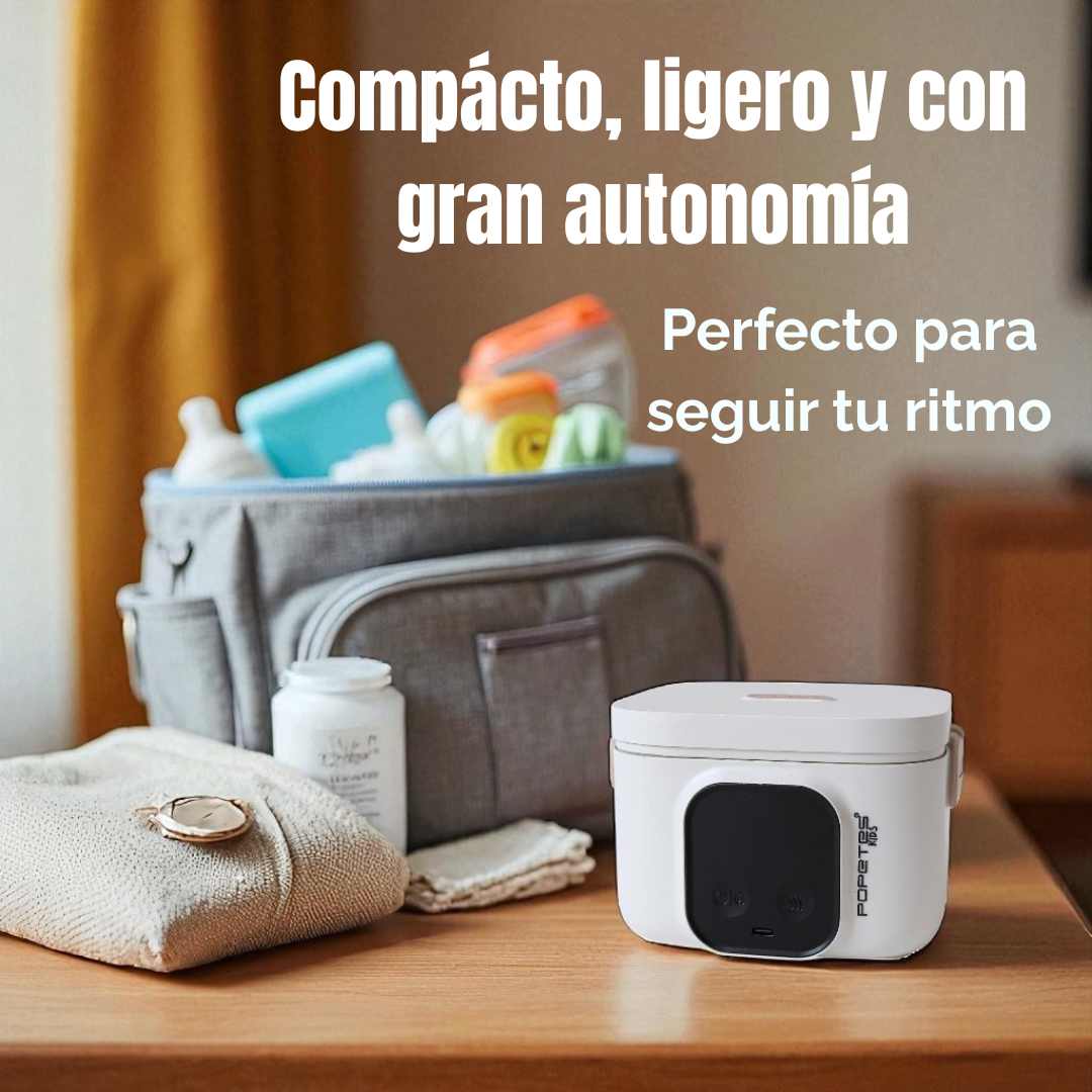 Un dispositivo blanco y negro sobre una mesa con una bolsa y botellas. Texto en español dice: 'Compacto, ligero y con gran autonomía'.