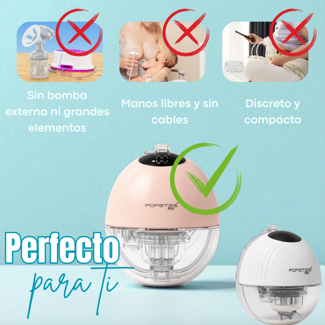 La imagen muestra un extractor de leche rosa y blanco con una marca de verificación. Contrasta con imágenes de extractores tradicionales con X rojas.