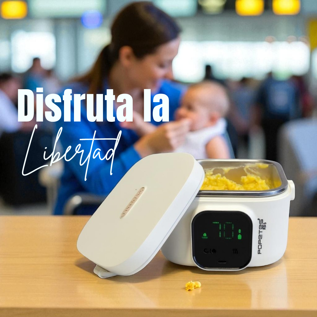 Una mujer alimenta a un bebé. Un calienta comidas blanco está abierto sobre una mesa. Texto: 'Disfruta la Libertad'. Palomitas en la mesa.