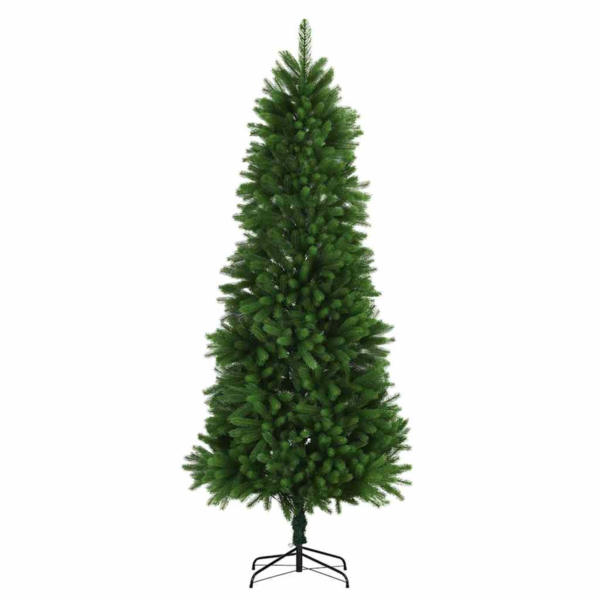 Ein hoher, grüner künstlicher Weihnachtsbaum steht auf einem schwarzen Metallsockel vor weißem Hintergrund.