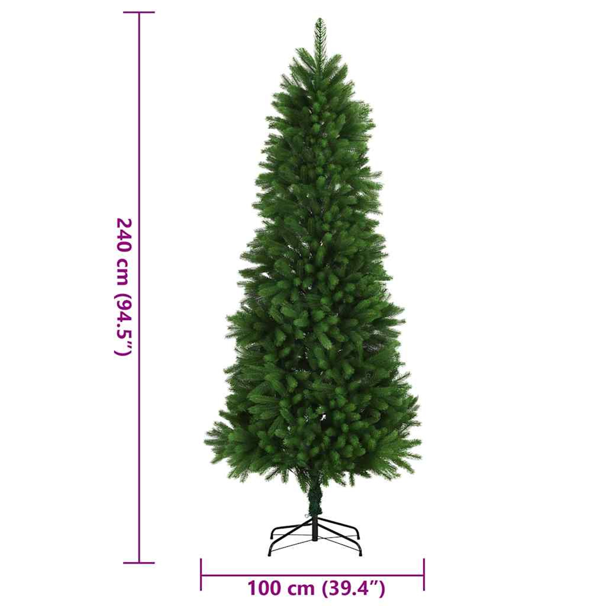 Ein grüner Weihnachtsbaum, 240 cm hoch und 100 cm breit, auf weißem Hintergrund. Maße sind mit einer lila Linie dargestellt.