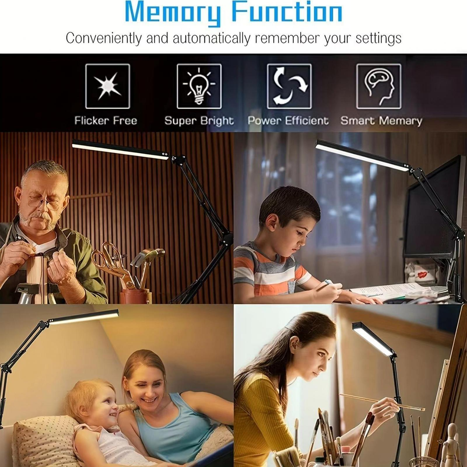 Das Bild zeigt verschiedene Personen, die Schreibtischlampen benutzen. Zu den Merkmalen gehören flimmerfrei, superhell, energieeffizient und Smart Memory.