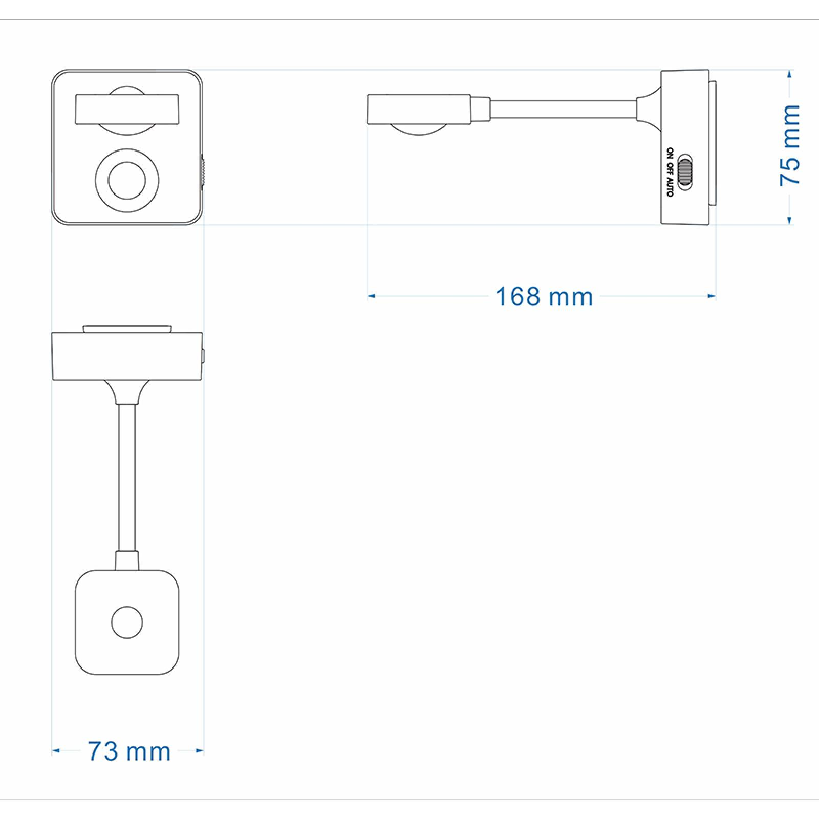 Technische Zeichnung einer Lampe. Zeigt Abmessungen in mm. Die Lampe ist weiß. Sie hat drei Ansichten.