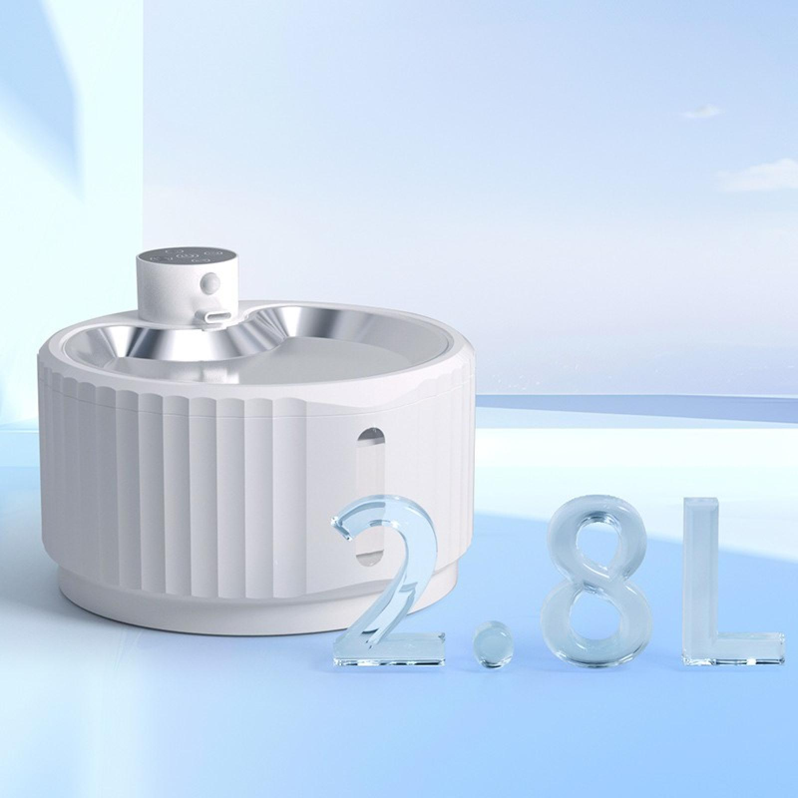 Ein weißer Haustier-Wasserbrunnen mit einem Fassungsvermögen von 2,8 l. Die Zahlen sind transparent. Der Hintergrund ist hellblau.