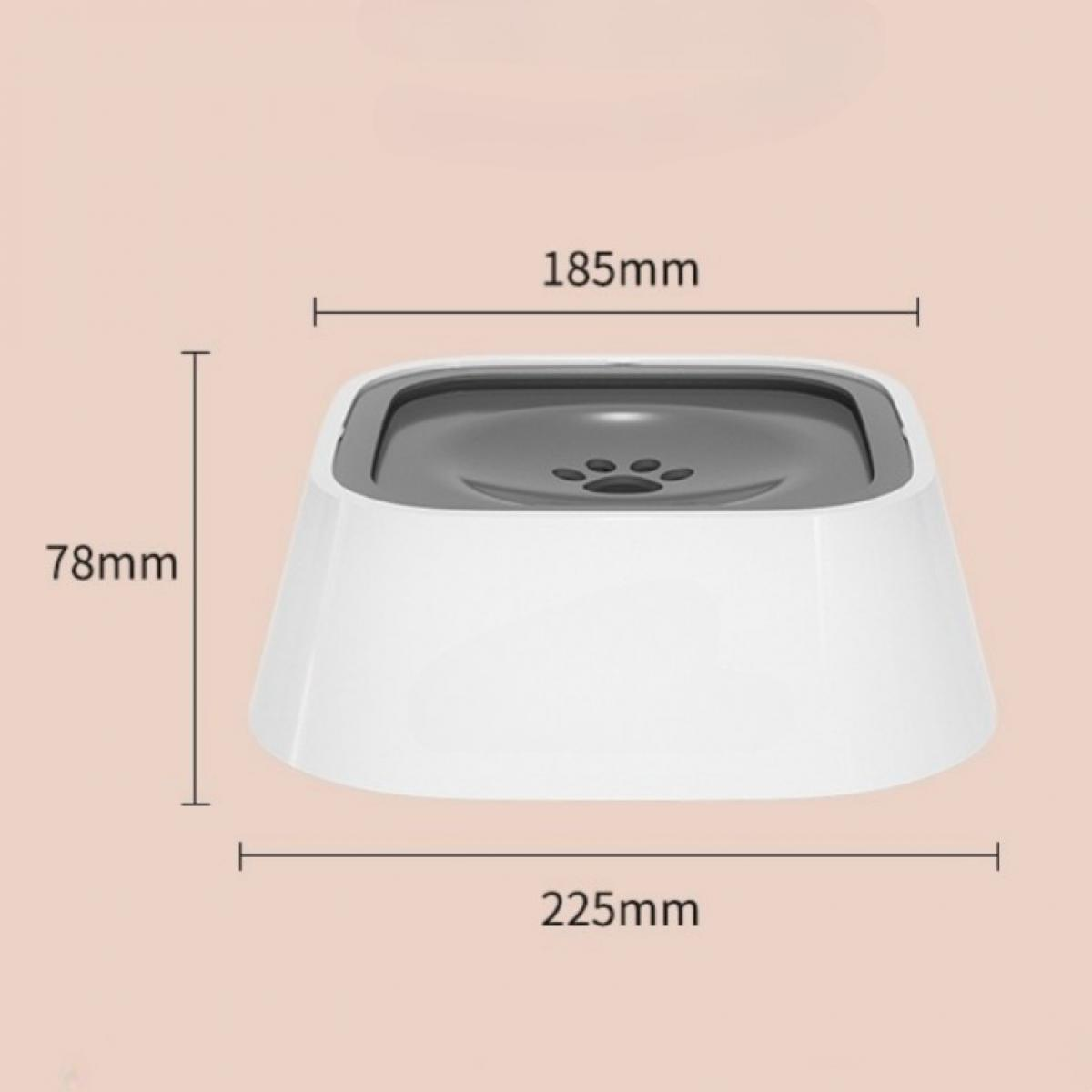 Eine weiße Futterschüssel für Haustiere mit grauem Innenraum und Pfotenabdruckdesign ist mit den Maßen 185 mm, 78 mm und 225 mm versehen.