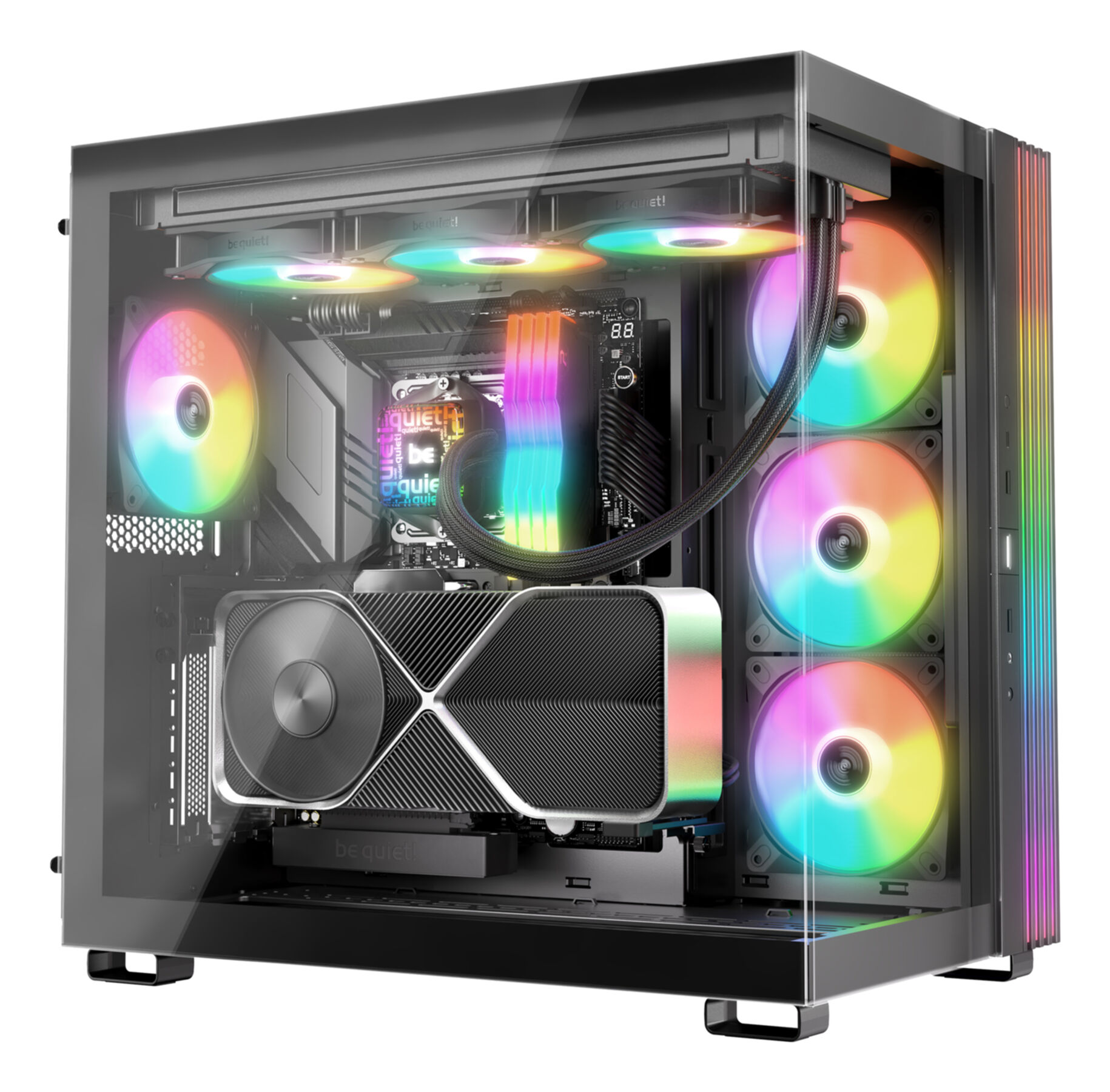 PC case with rainbow fans and components. A large GPU is visible. Be Quiet! branding is visible.