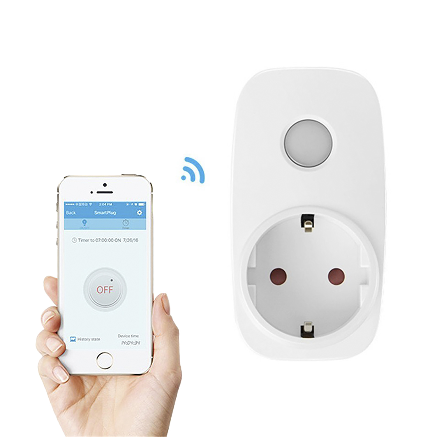 Una mano sosteniendo un smartphone controla un enchufe inteligente blanco. El enchufe tiene dos agujeros y el smartphone muestra un botón de apagado.