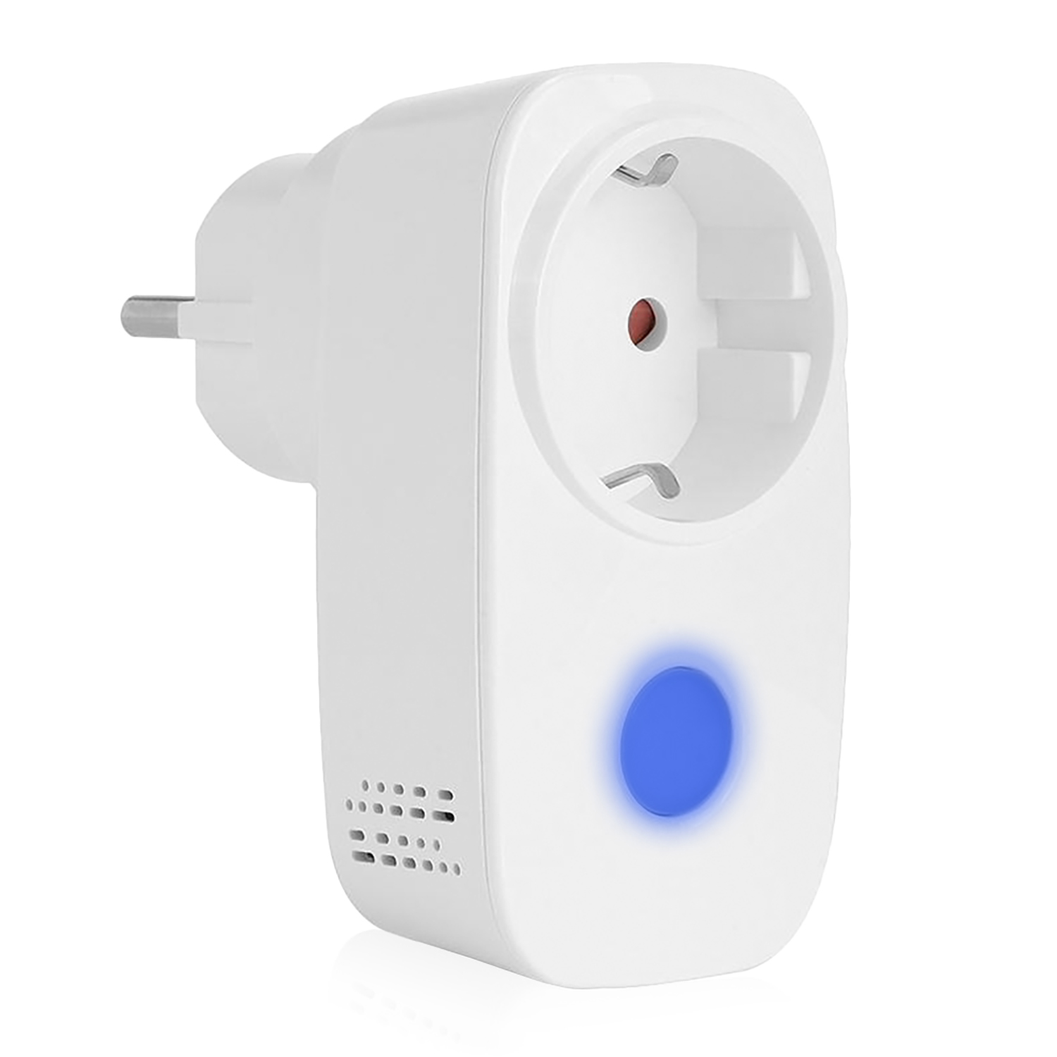 Un enchufe inteligente blanco con luz azul y enchufe. Tiene una toma de corriente y un punto rojo.