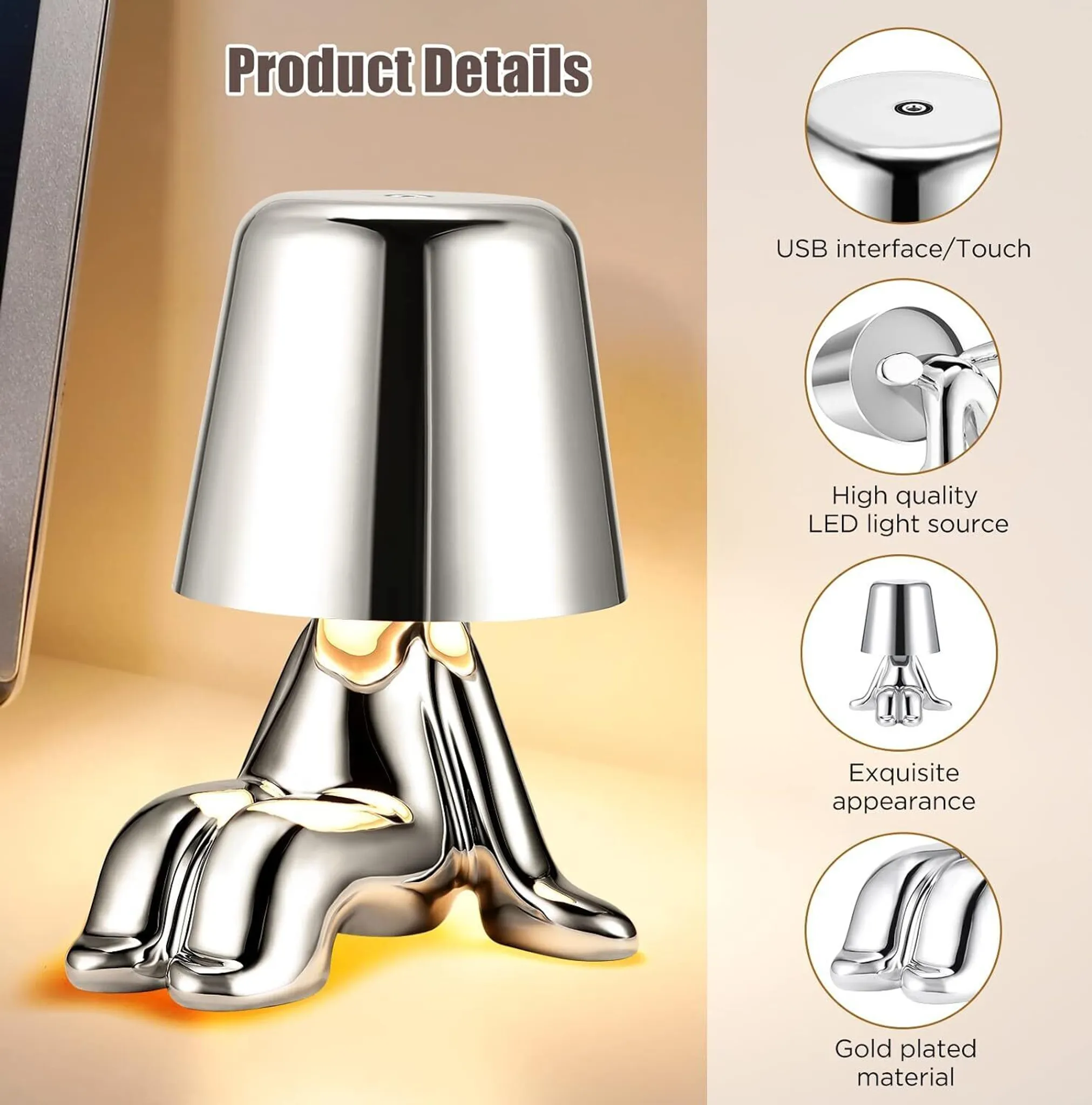 Gezeigt wird eine metallische Tischlampe. Details umfassen USB-Schnittstelle, LED-Lichtquelle, exquisites Aussehen und vergoldetes Material.