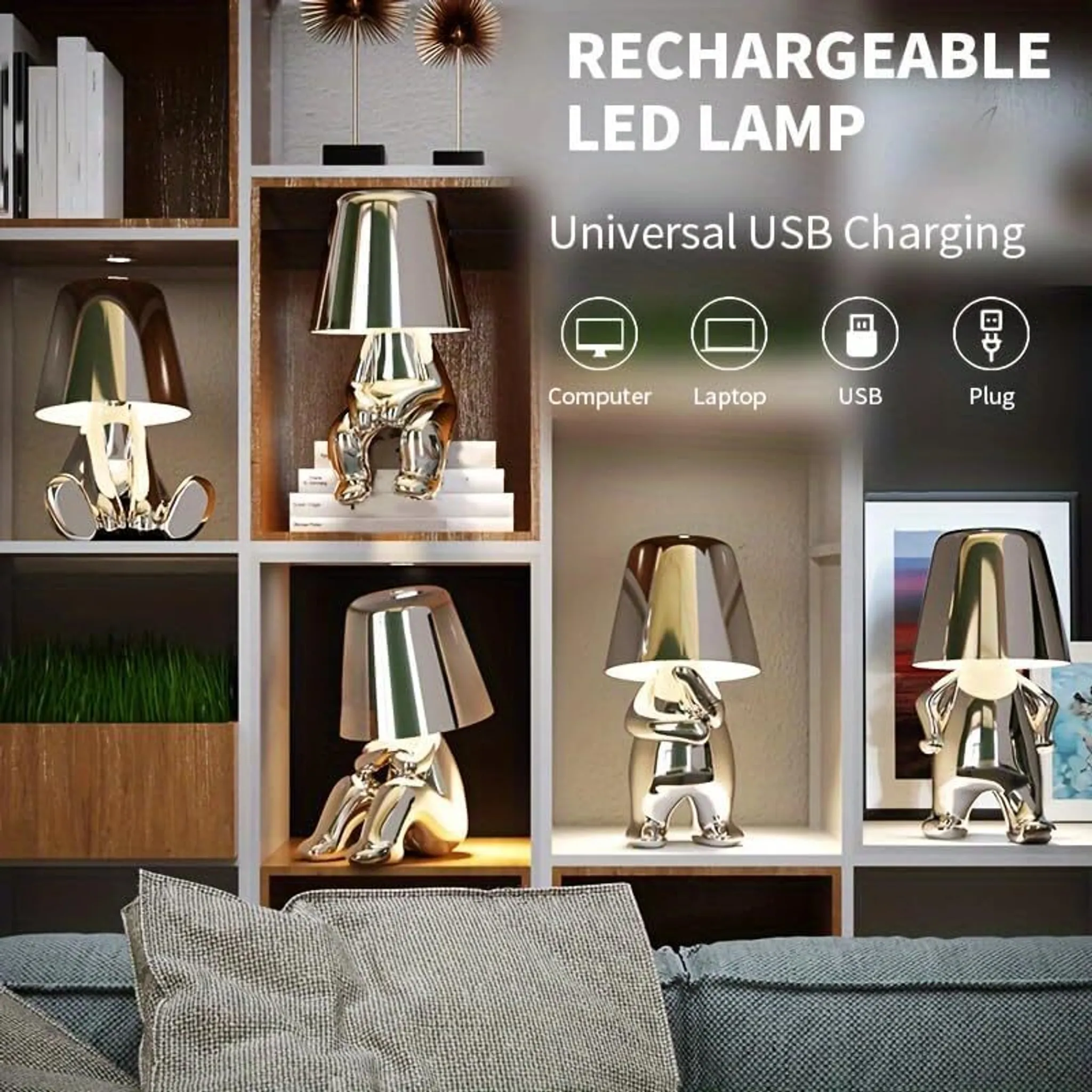 Regale mit silbernen Lampen in Form einer menschlichen Figur. Text: Wiederaufladbare LED-Lampe, Universal-USB-Aufladung.