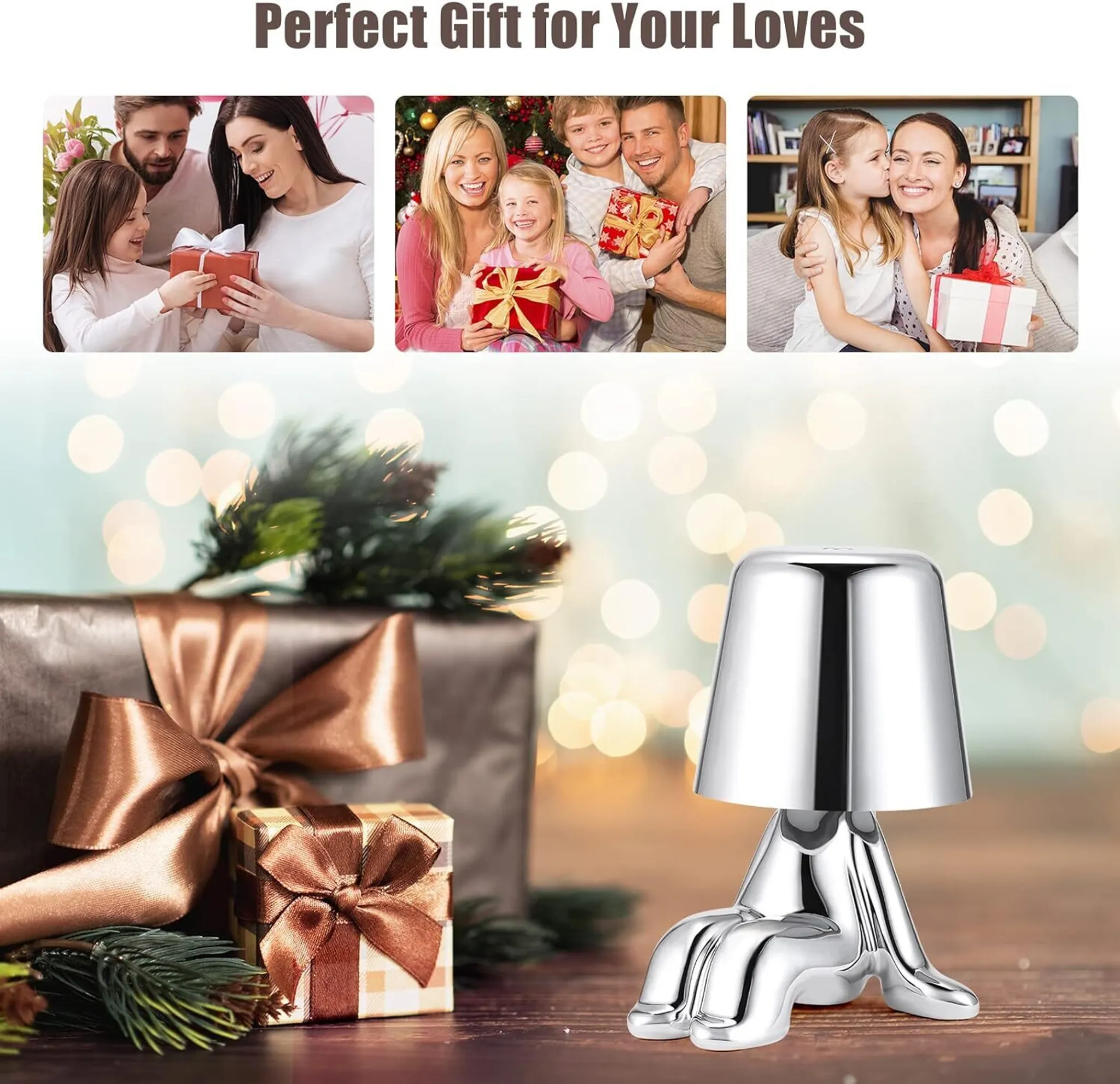 Bild mit Geschenkboxen, einer silbernen Lampe und drei Familienfotos oben. Der Titel lautet 'Perfektes Geschenk für Ihre Lieben'.