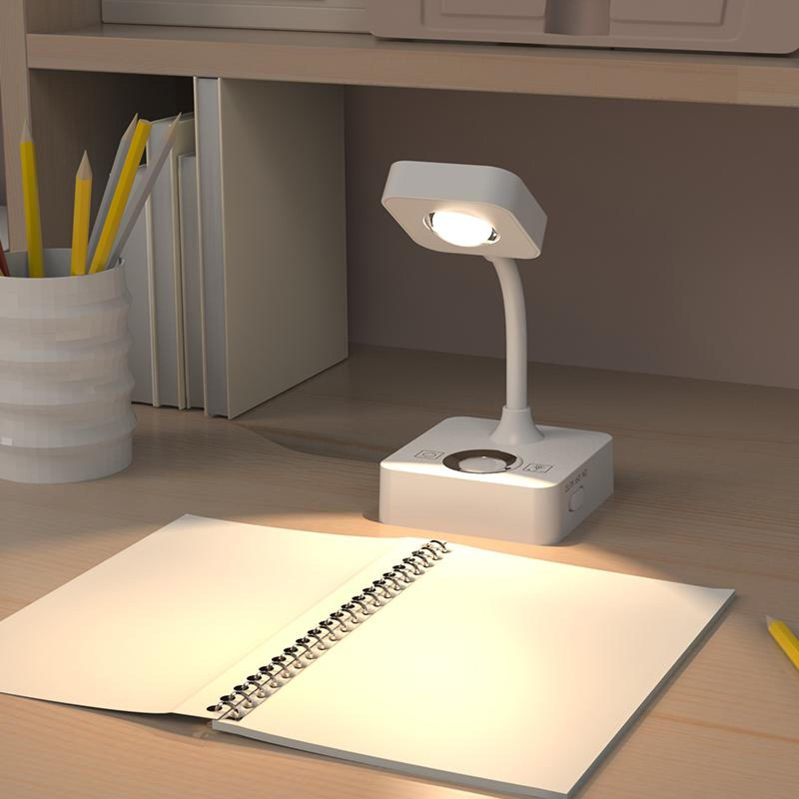Eine weiße Schreibtischlampe beleuchtet ein offenes Notizbuch. Stifte in einem Becher und Bücher sind im Hintergrund.