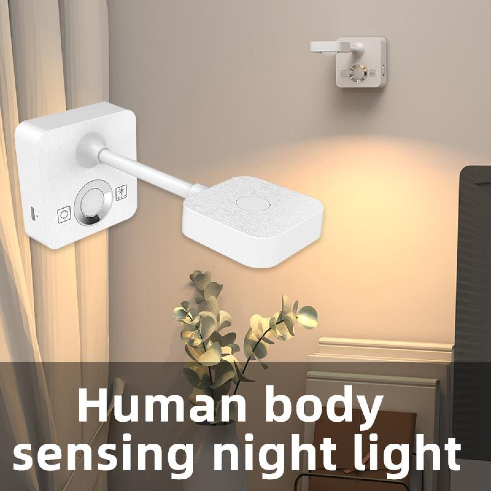 Weißes Nachtlicht an einer Wand. Es hat einen runden Knopf, ein quadratisches Licht und einen Verbindungsarm. Text: 'Human Body Sensing Night Light'.