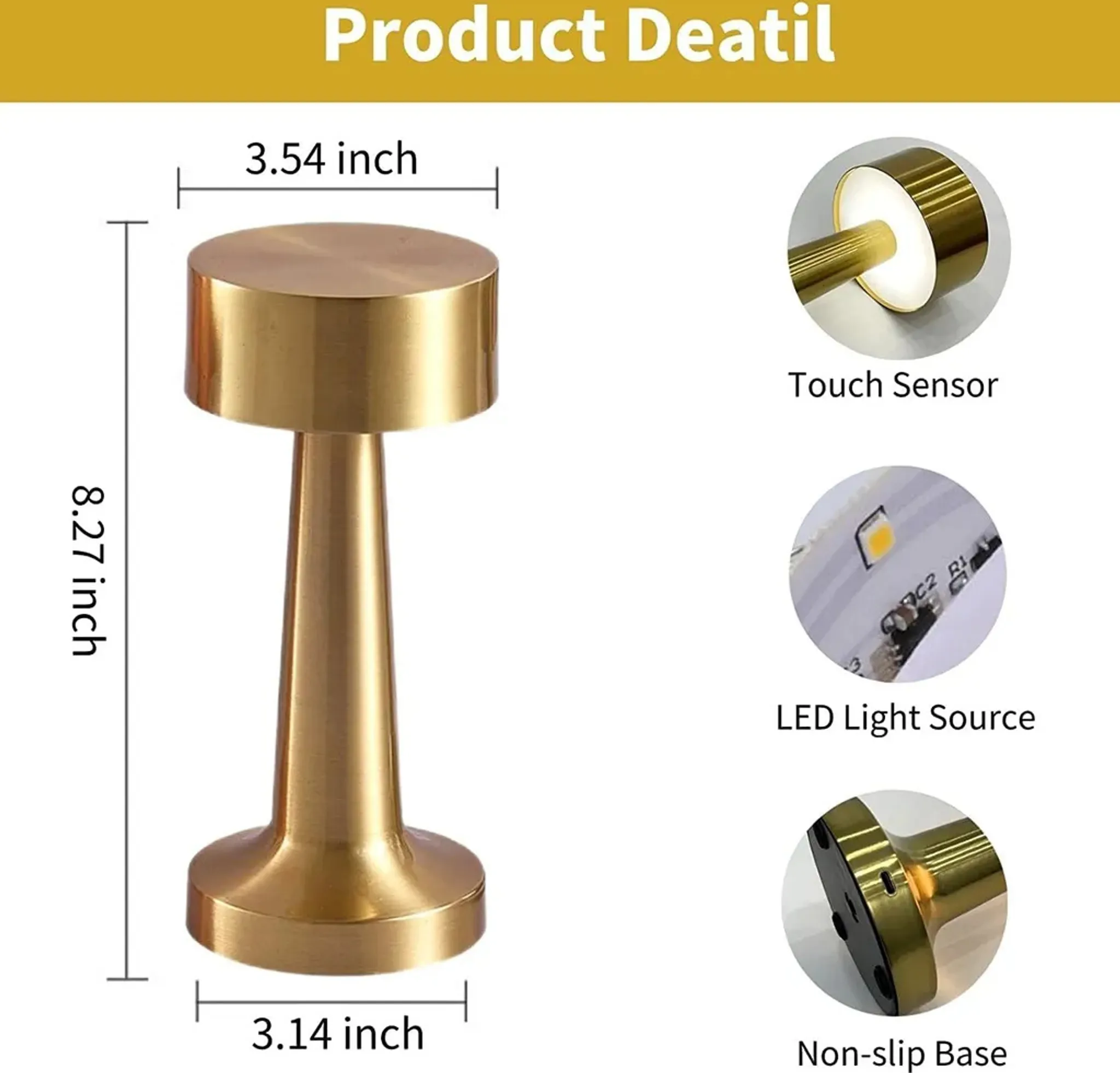 Eine goldene Nachttischlampe mit Touchsensor, LED-Licht und rutschfestem Sockel. Maße sind in Zoll angegeben.
