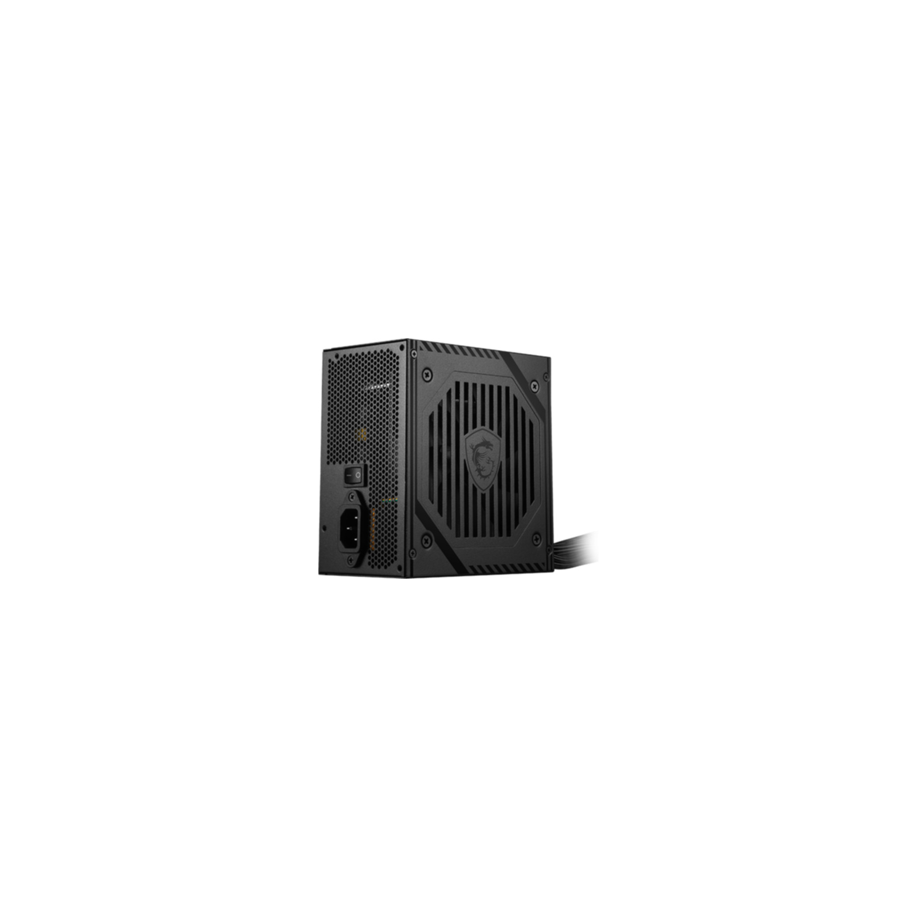 Black MSI power supply unit. It has a fan and a power switch. The background is white.