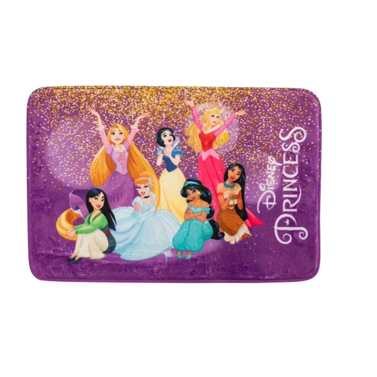 Een paarse Disney Princess badmat. Het heeft verschillende Disney-prinsessen op een paarse achtergrond met gouden glitter.
