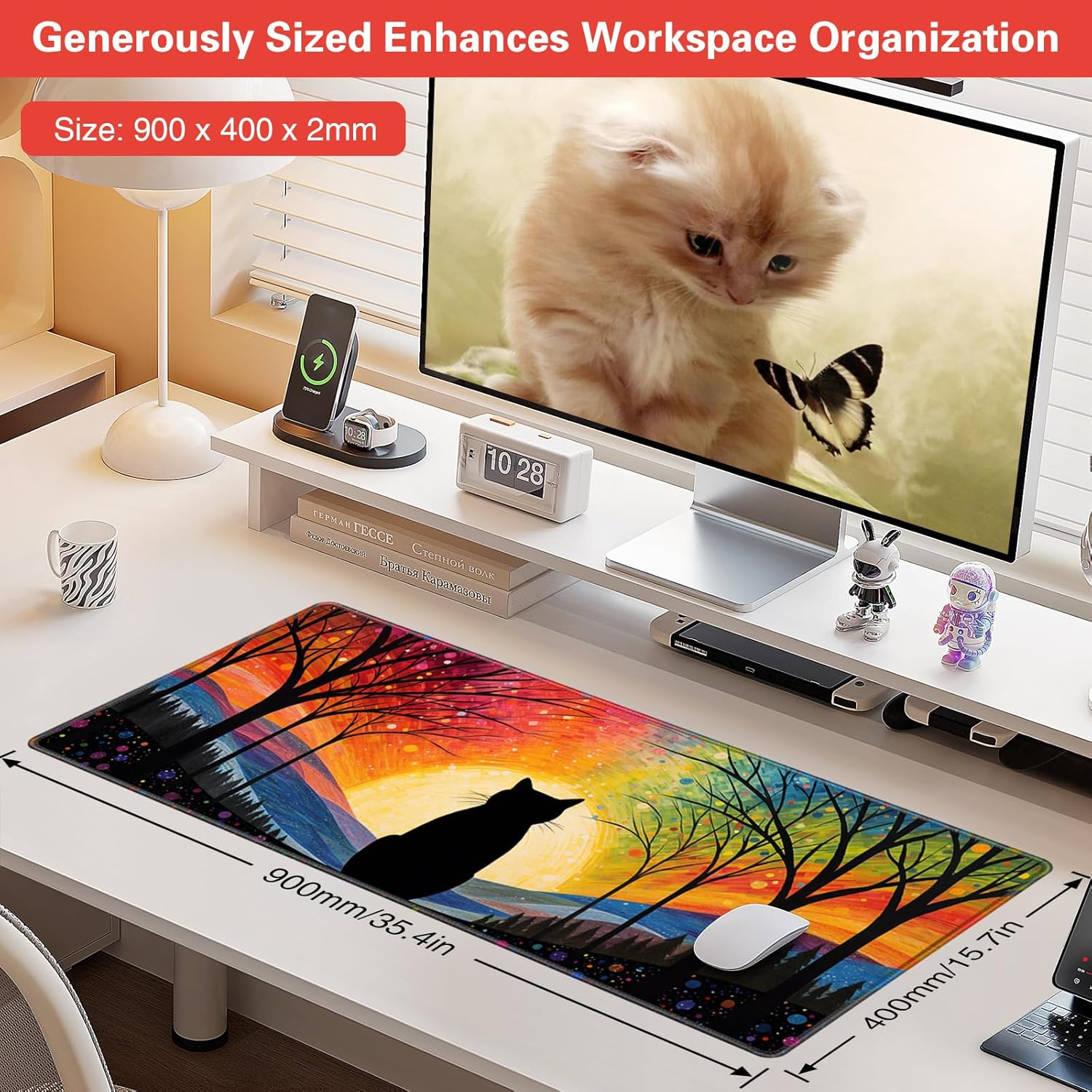 Schreibtisch-Setup mit Mauspad mit Katzenmotiv, Monitor mit Katze und Schmetterling, Telefonladegerät und Digitaluhr.
