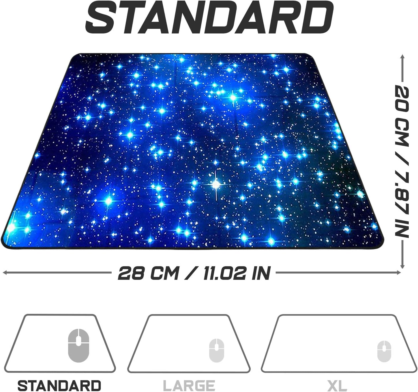 Ein Mauspad in Standardgröße mit Sternennachtdesign. Abmessungen: 28cm x 20cm. Text: STANDARD, LARGE, XL mit Maus-Symbolen.