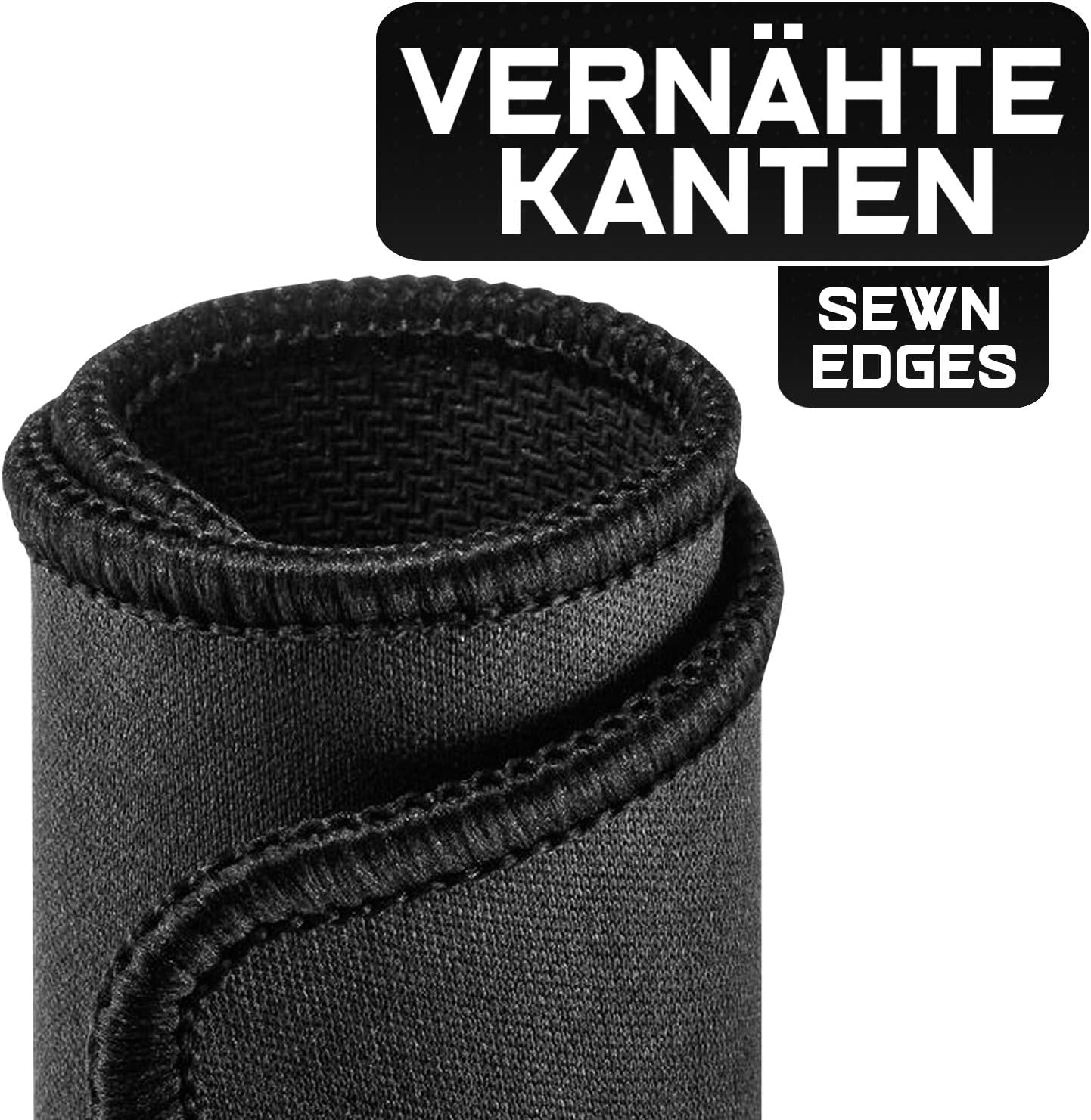 Nahaufnahme einer schwarzen Stoffrolle mit genähten Kanten. Text auf Deutsch und Englisch: 'Vernähte Kanten' und 'Sewn Edges'.