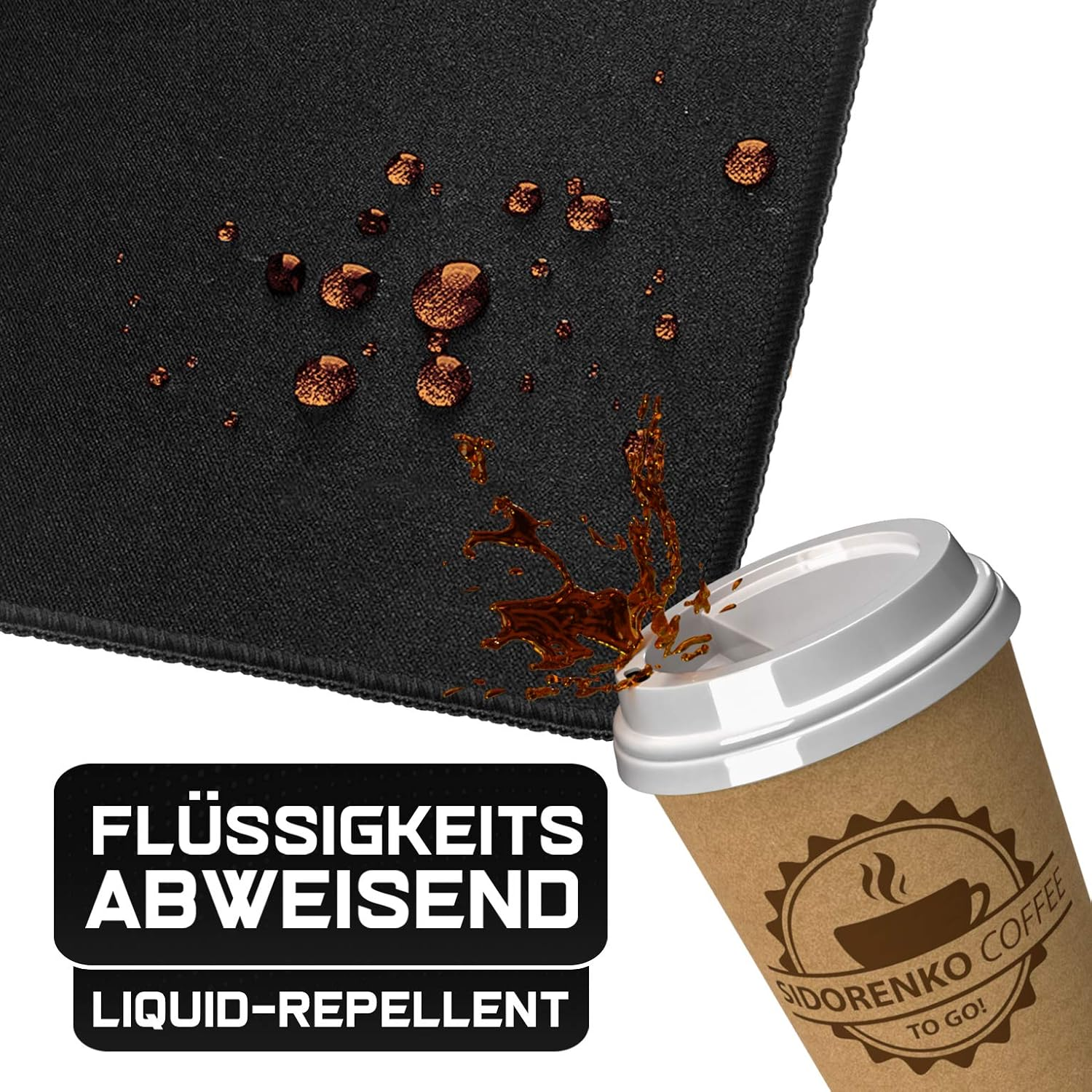 Schwarze Oberfläche mit Kaffeetropfen und Spritzern. Unten rechts eine Kaffeetasse und ein flüssigkeitsabweisendes Etikett.