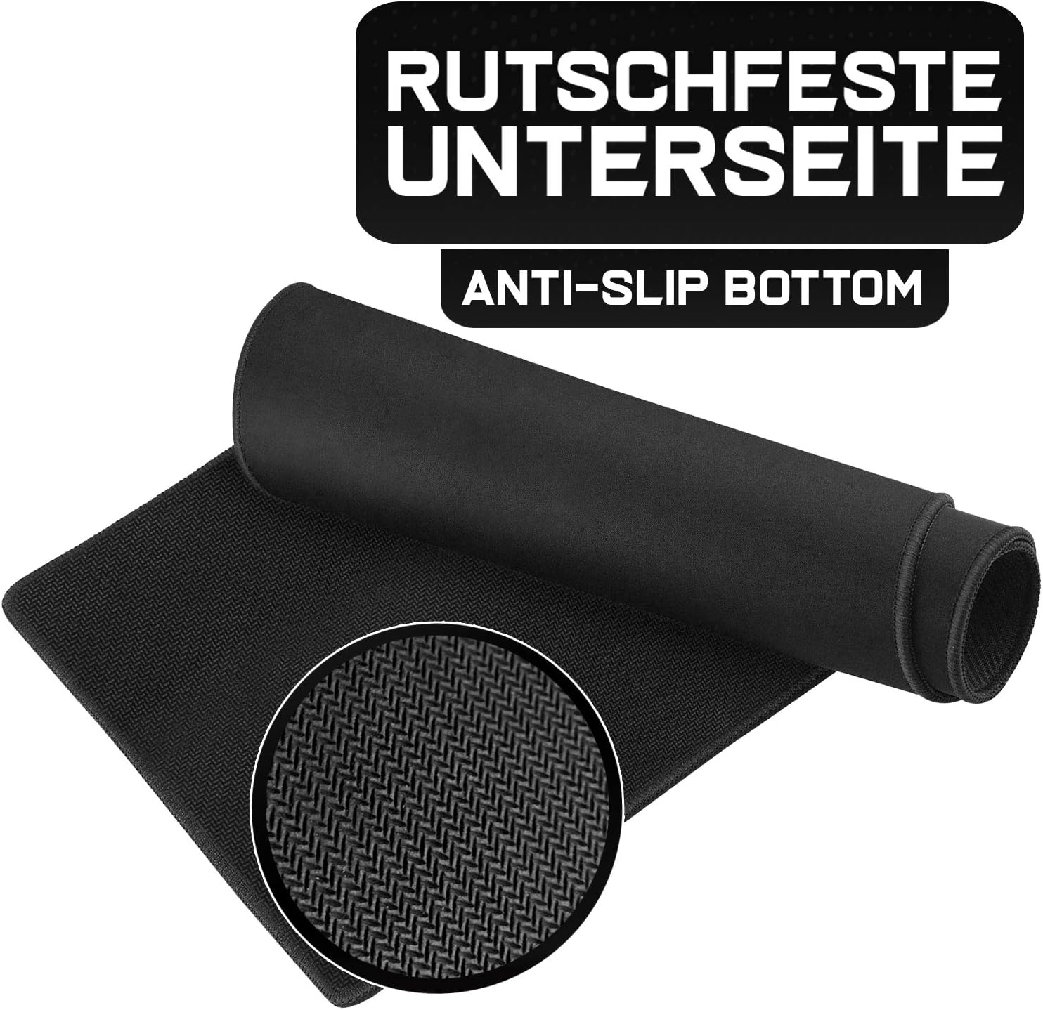 Ein schwarzes Mauspad mit einem aufgerollten Abschnitt. Es hat einen rutschfesten Boden. Text oben: Rutschfeste Unterseite.