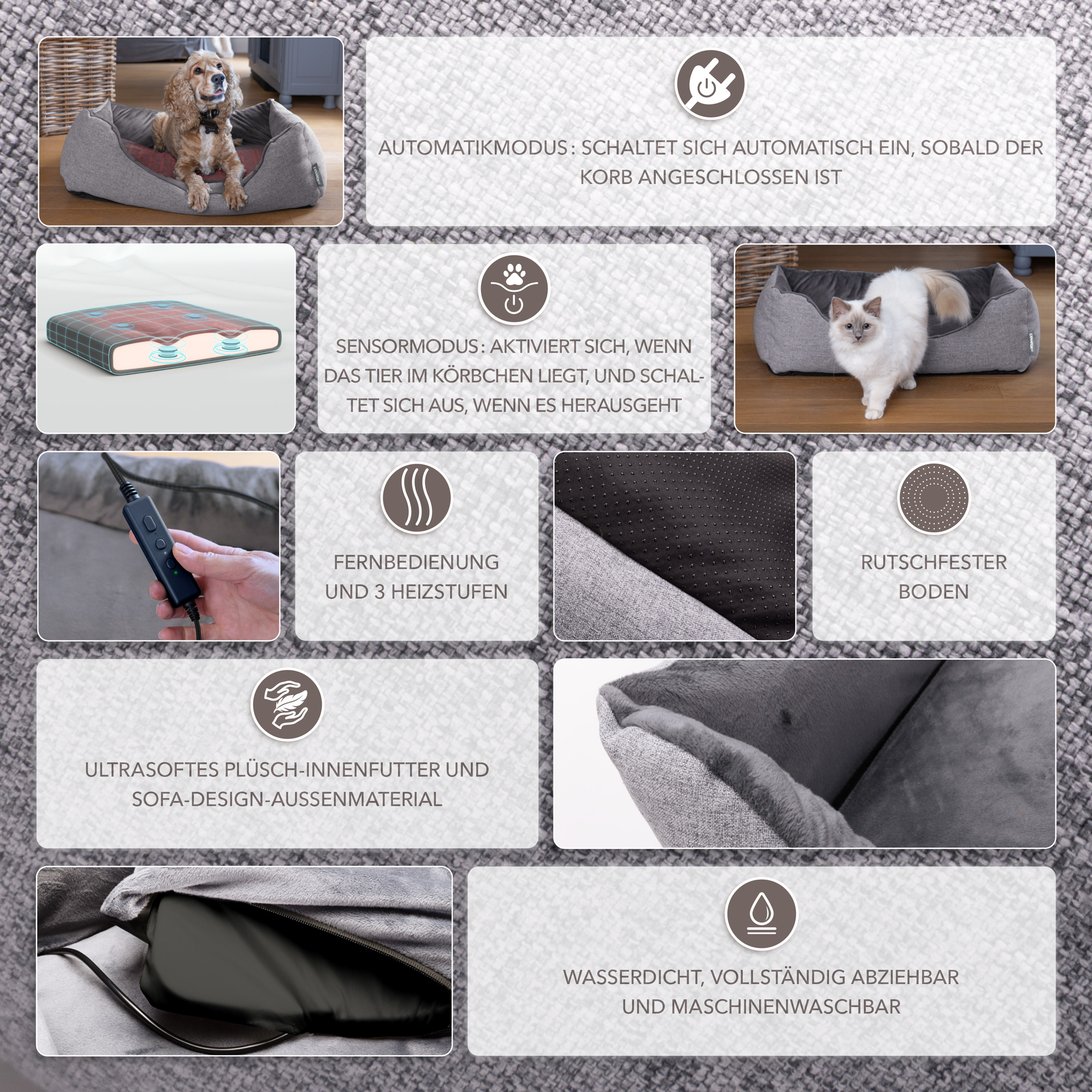 De afbeelding toont een verwarmd hondenbed met verschillende functies zoals automatische modus, afstandsbediening en waterdicht ontwerp.