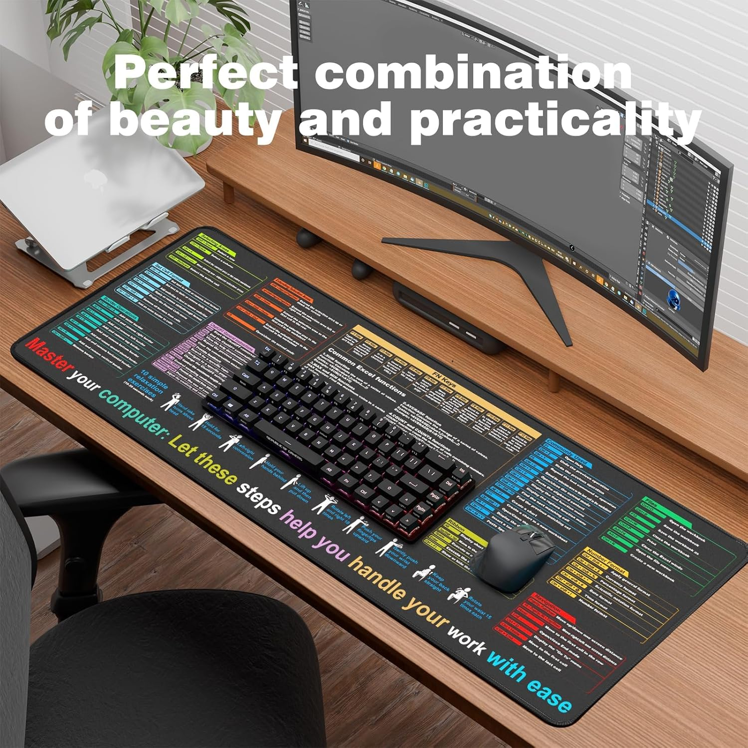 Schreibtisch mit Tastatur, Maus und Monitor. Schreibtischunterlage mit Excel-Shortcuts. Laptop links.