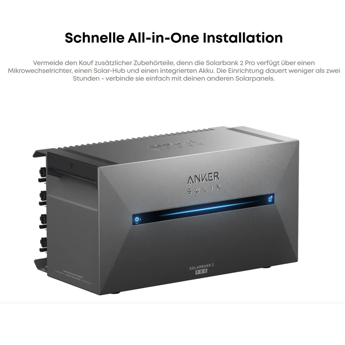 Ein graues Anker Solix Solarbank 2 Pro-Gerät mit Text und blauem Licht vor weißem Hintergrund.