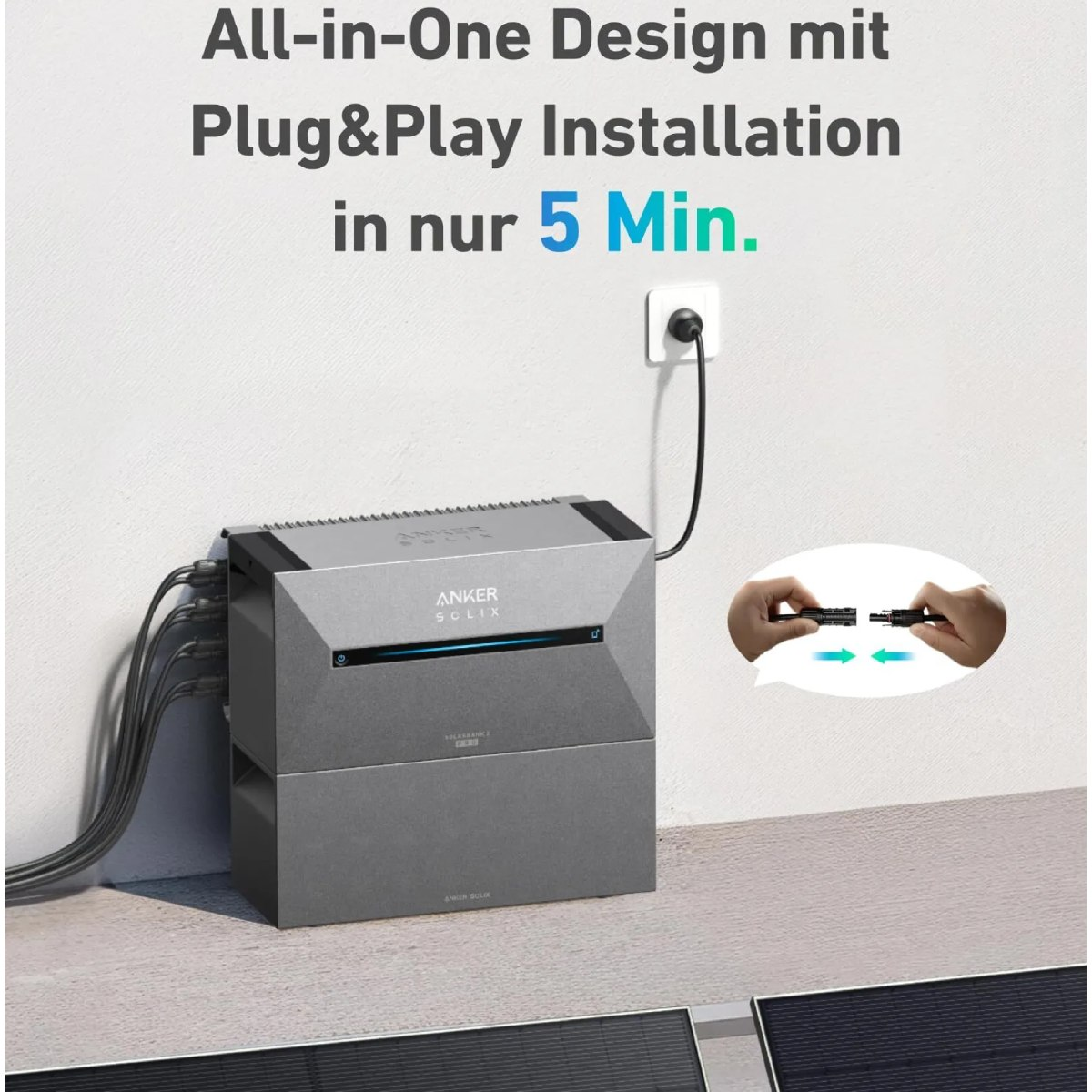 Graues ANKER SOLIX-Gerät ist angeschlossen. Hände verbinden Kabel. Text: All-in-One Design, Plug & Play Installation in 5 Min.