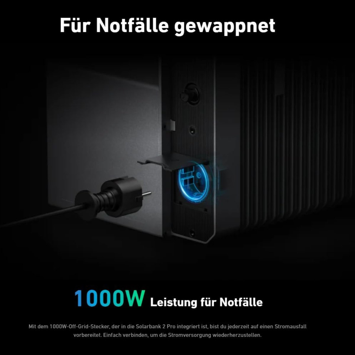 Ein schwarzes Netzteil mit eingestecktem Stecker. Text sagt: '1000W Leistung für Notfälle' und 'Für Notfälle gewappnet'.