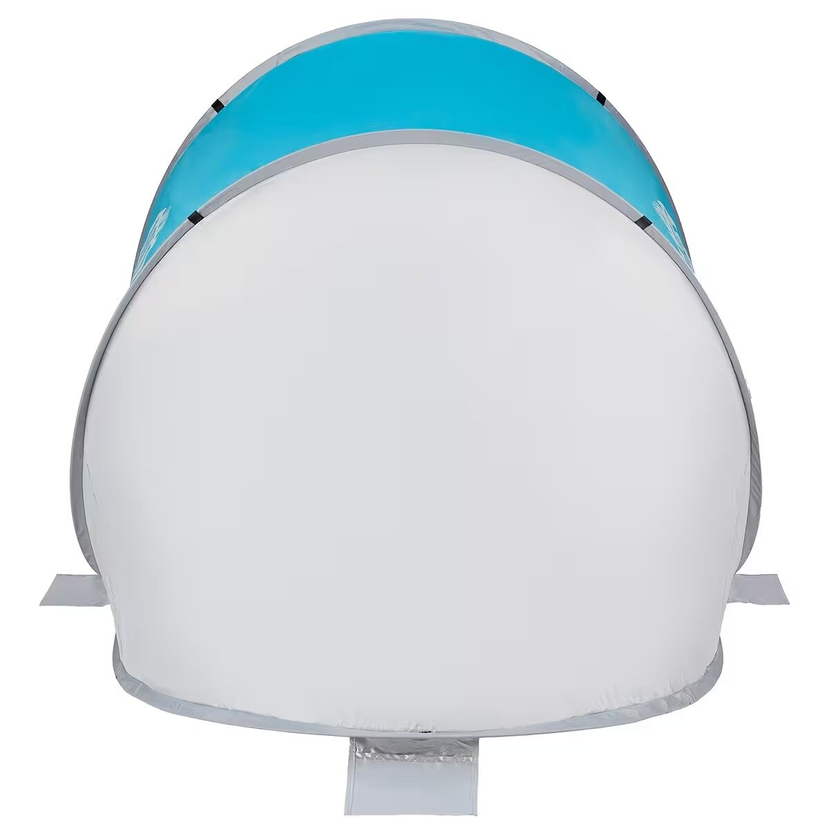 Een witte en blauwe strandtent op een witte achtergrond. De tent is koepelvormig en de bovenkant is blauw met een grijze rand.