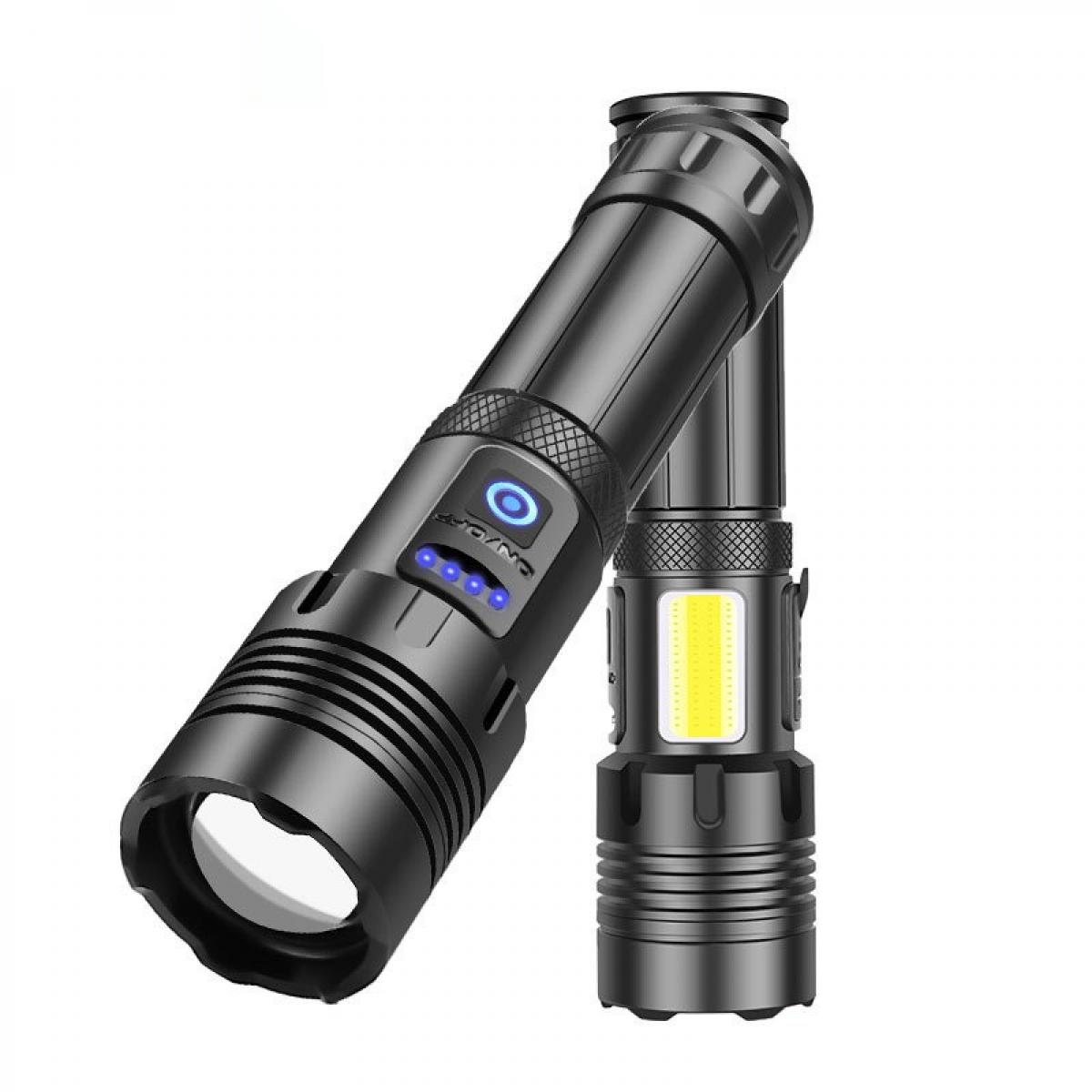 Zwei schwarze Taschenlampen vor weißem Hintergrund. Eine ist angewinkelt und zeigt Ein/Aus-Taste und Batteriestandsanzeige.