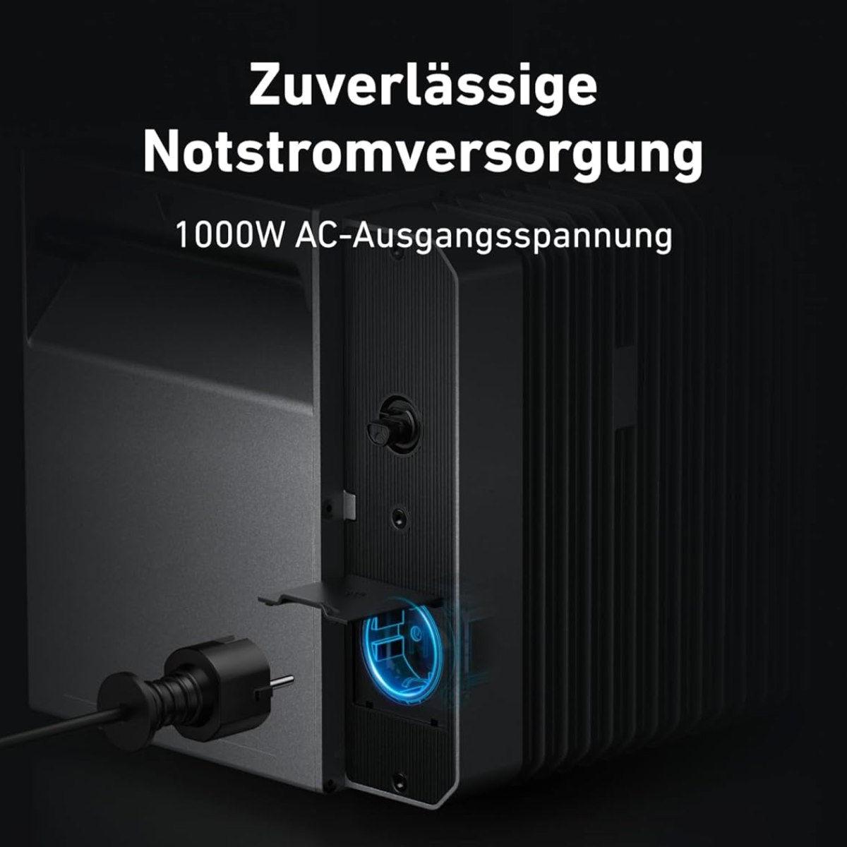 Ein schwarzes Notstromaggregat mit angeschlossenem Stecker. Text: 'Zuverlässige Notstromversorgung' und '1000W AC-Ausgangsspannung'.