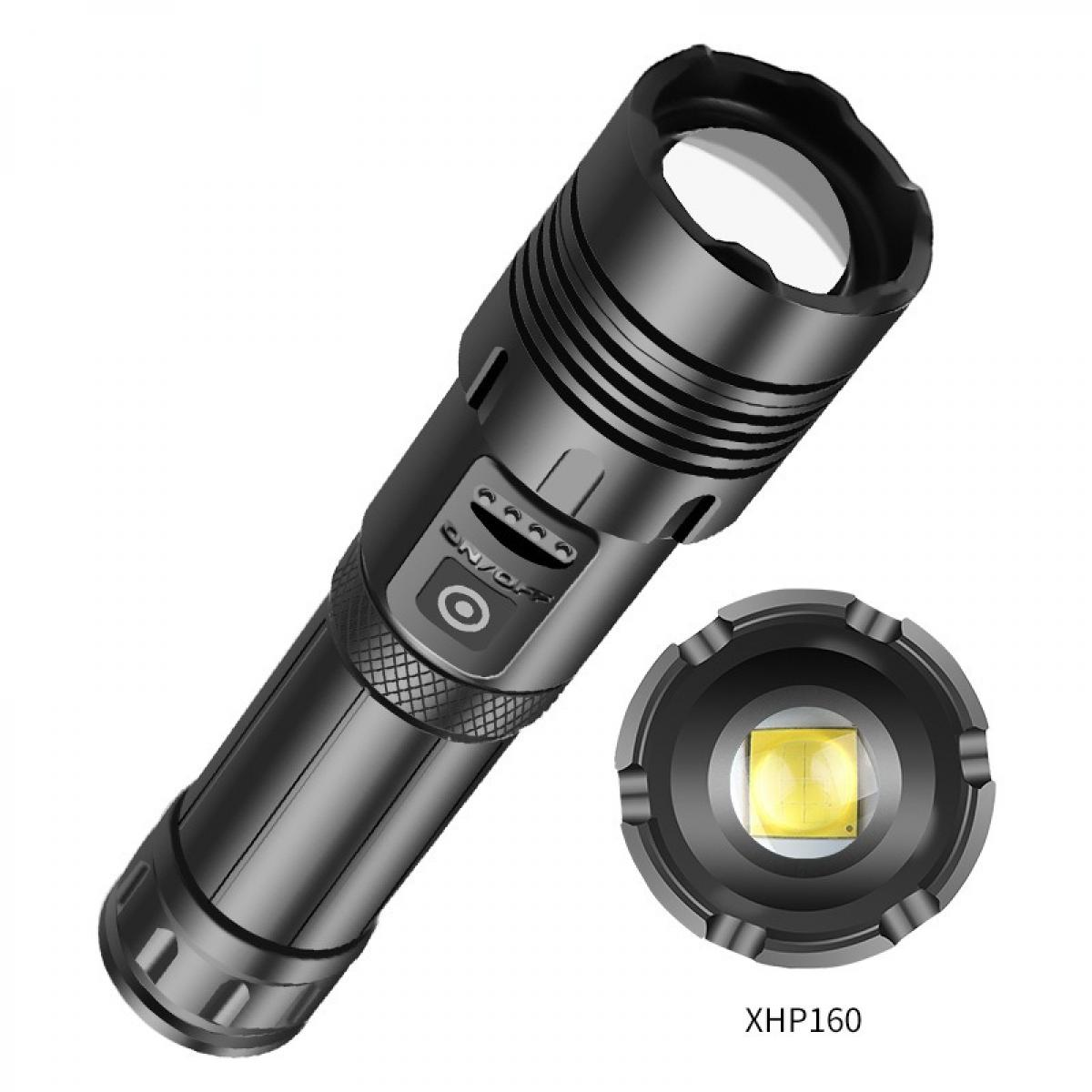 Eine schwarze Taschenlampe mit Ein-/Ausschalter und einer separaten Komponente, die die Lichtquelle zeigt, beschriftet mit XHP160.
