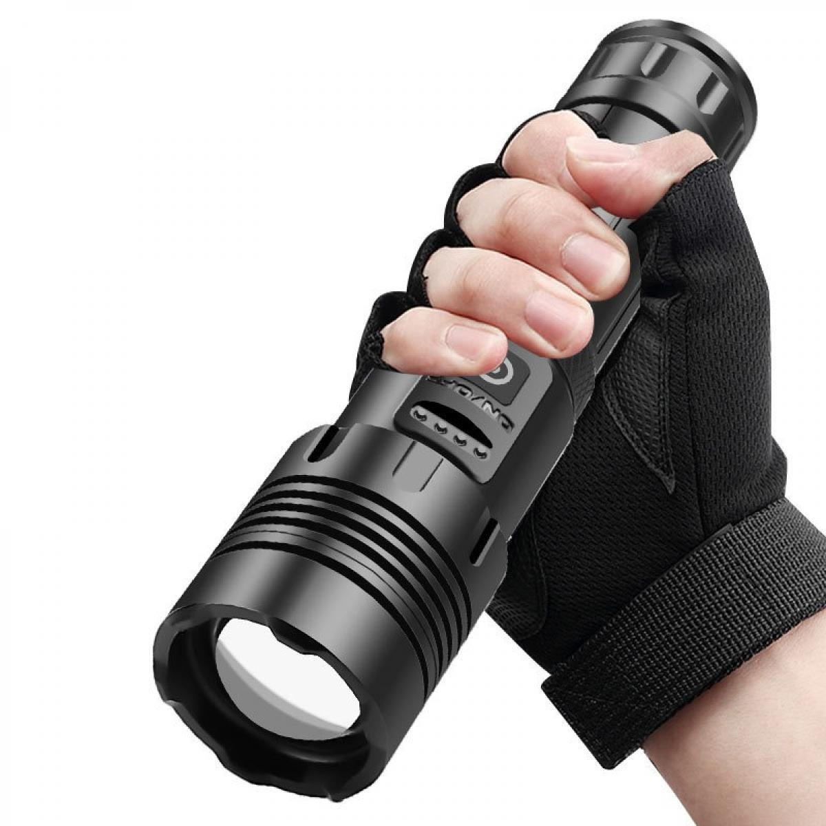 Eine Hand mit schwarzem Handschuh hält eine schwarze Taschenlampe. Die Taschenlampe hat eine Linse und Knöpfe. Der Hintergrund ist weiß.