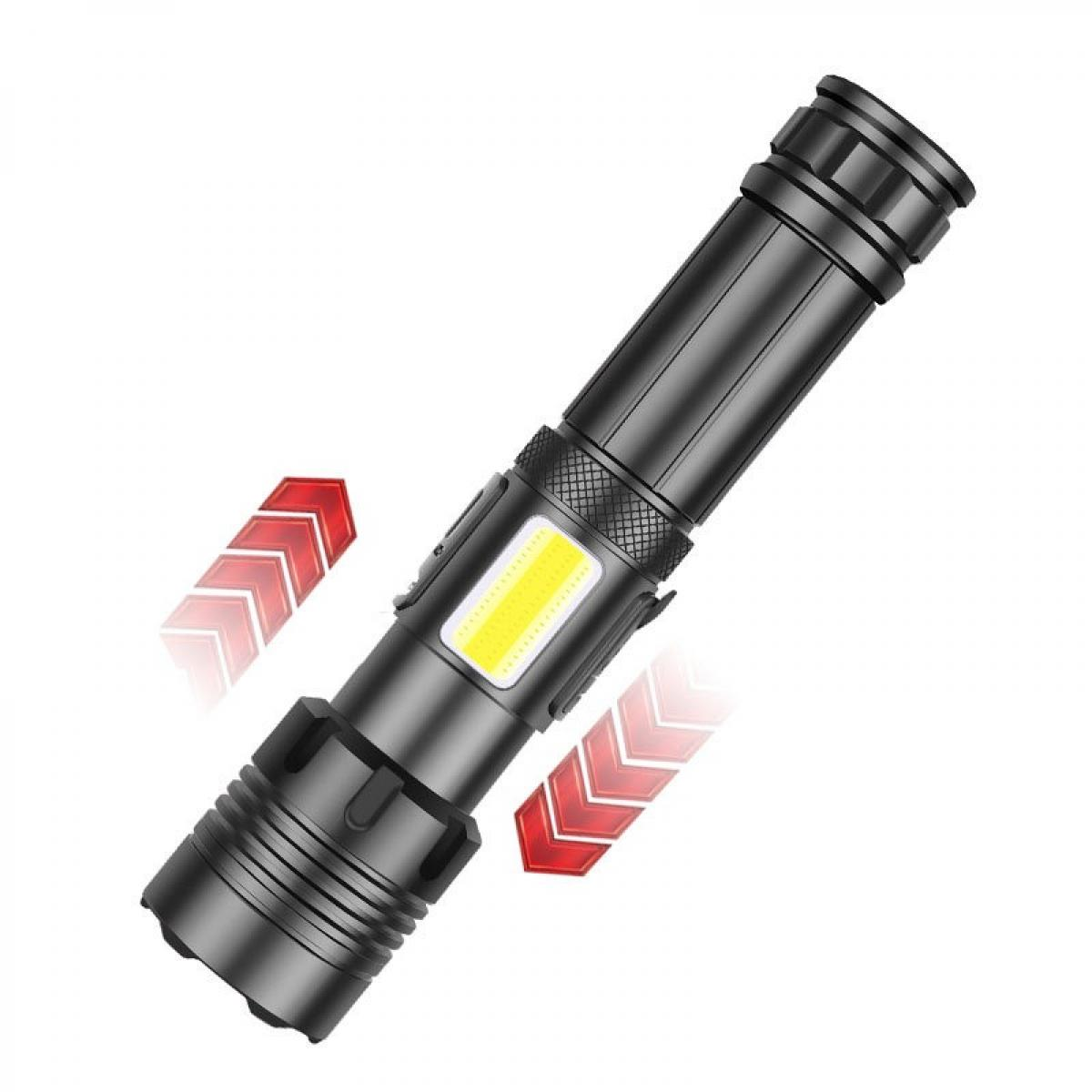 Eine schwarze Taschenlampe mit gelber Lichtquelle. Rote Pfeile zeigen die Richtung. Weißer Hintergrund.