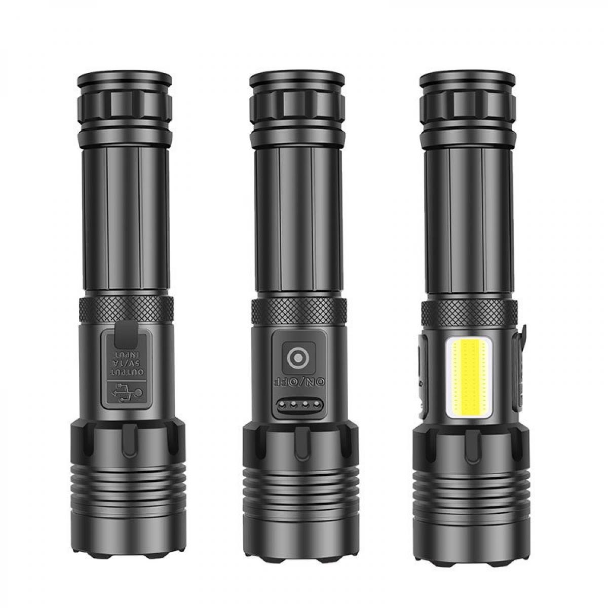 Drei schwarze Taschenlampen mit unterschiedlichen Funktionsanzeigen werden vor weißem Hintergrund dargestellt.