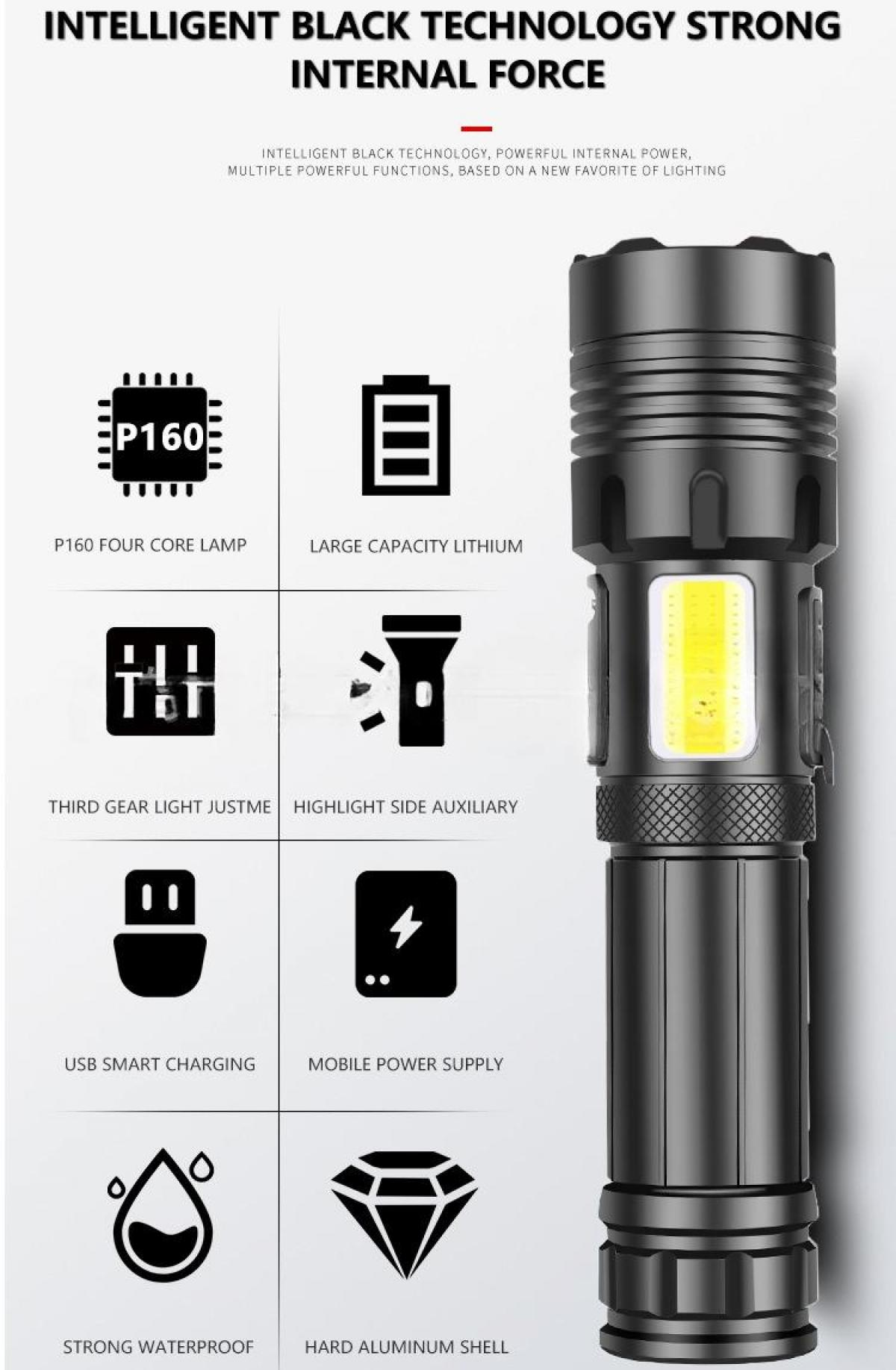 Eine schwarze Taschenlampe mit Symbolen, die Funktionen detaillieren: P160-Lampe, Lithiumbatterie, USB-Laden, wasserdicht, und Aluminiumgehäuse.