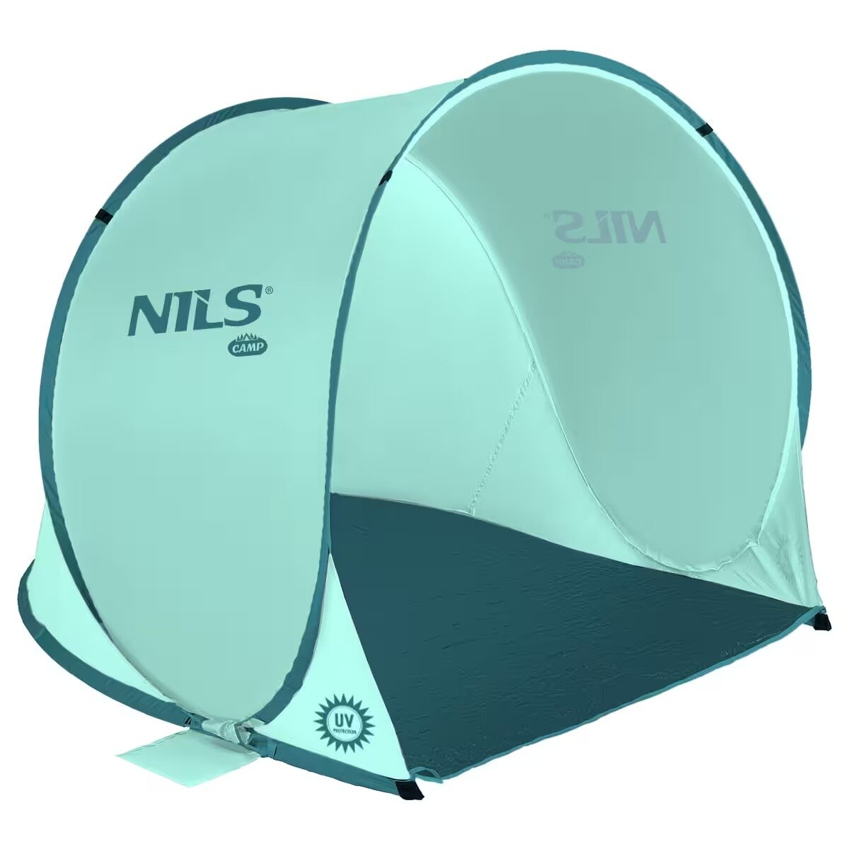 Een pop-up strandtent. Het is lichtgroen met een donkergroene vloer. Het merk 'NILS' staat op de voorkant en heeft UV-bescherming.