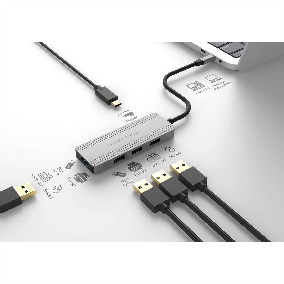 Ein silberner Typ-C-4-Port-Hub ist mit einem Laptop verbunden. Kabel für Maus, Tastatur und andere Geräte sind in den Hub gesteckt.