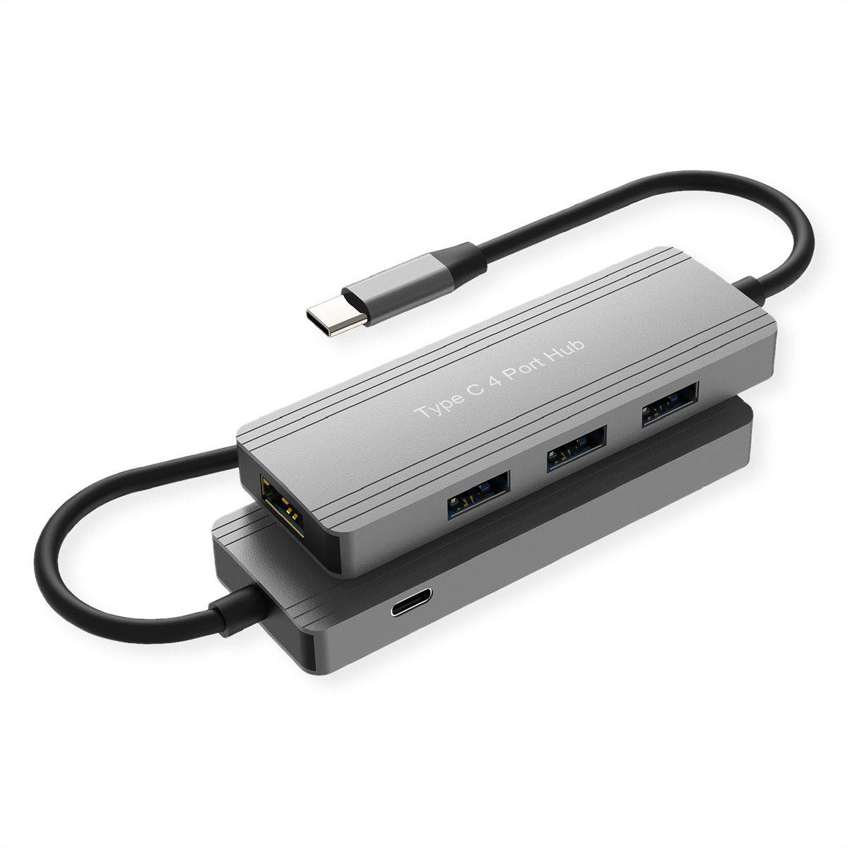 Ein grauer Typ-C-4-Port-Hub mit schwarzem Kabel und silbernem Typ-C-Anschluss auf weißem Hintergrund.