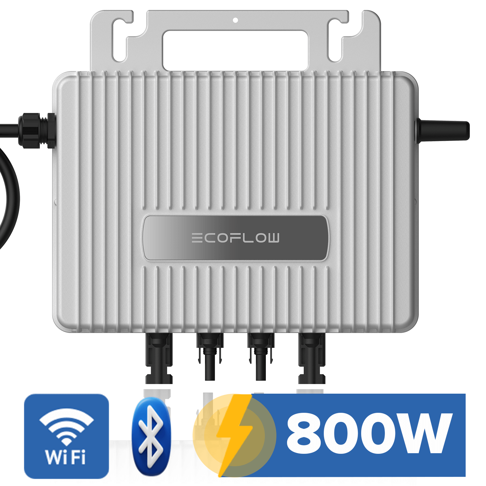 Ein silbernes EcoFlow-Gerät mit 800W-Text, WLAN- und Bluetooth-Symbolen. Schwarze Kabel verbinden sich mit dem Gerät.
