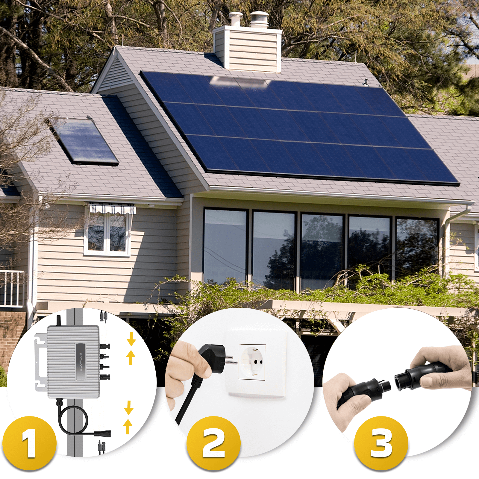 Haus mit Solarpanelen auf dem Dach. Schritte zum Anschließen der Stromversorgung mit Händen und Werkzeugen.