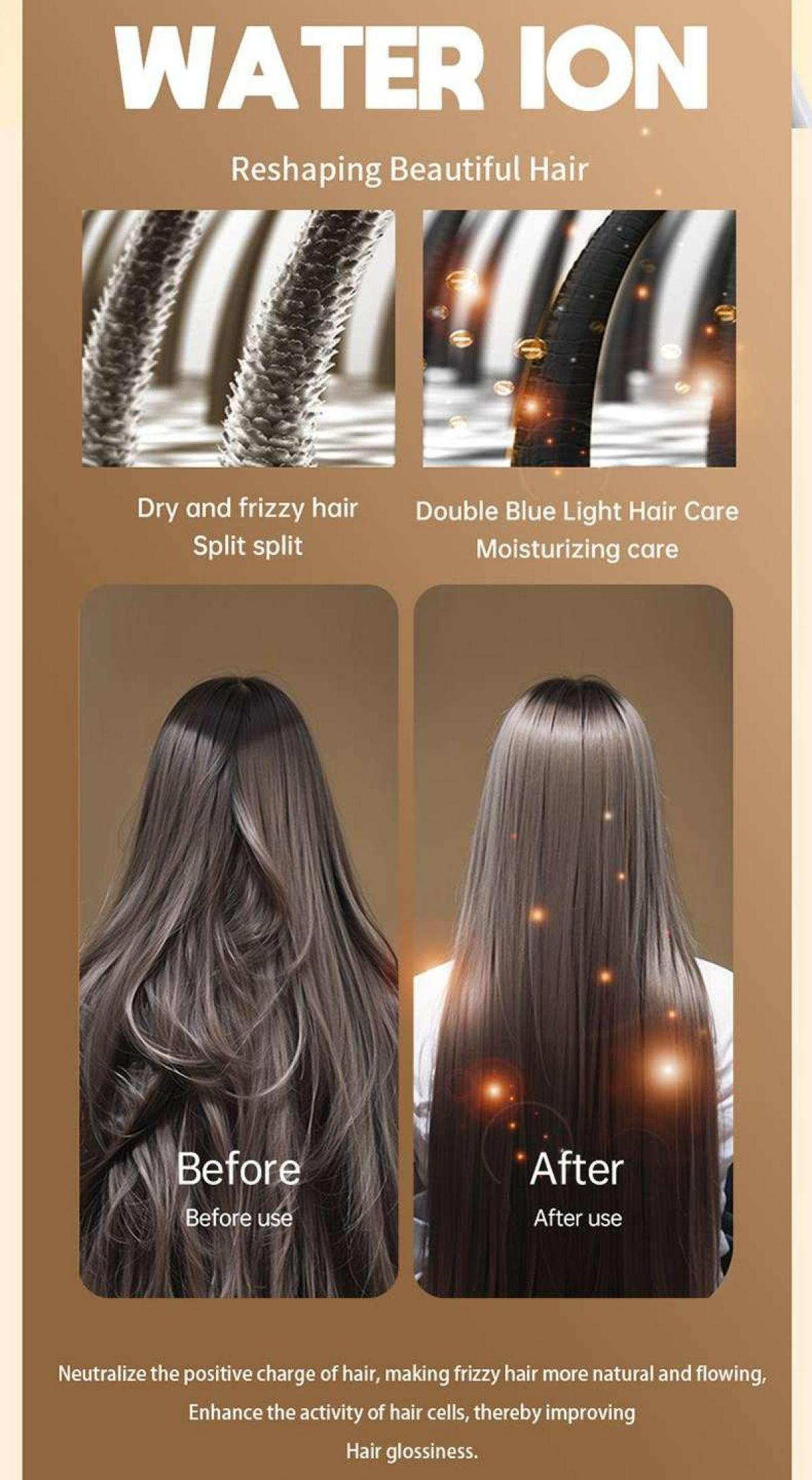 Werbung für Haarpflege. Zeigt trockenes/frizziges Haar vs. glattes Haar. Text sagt 'Vorher' und 'Nachher'. Behauptet, das Haar neu zu formen.