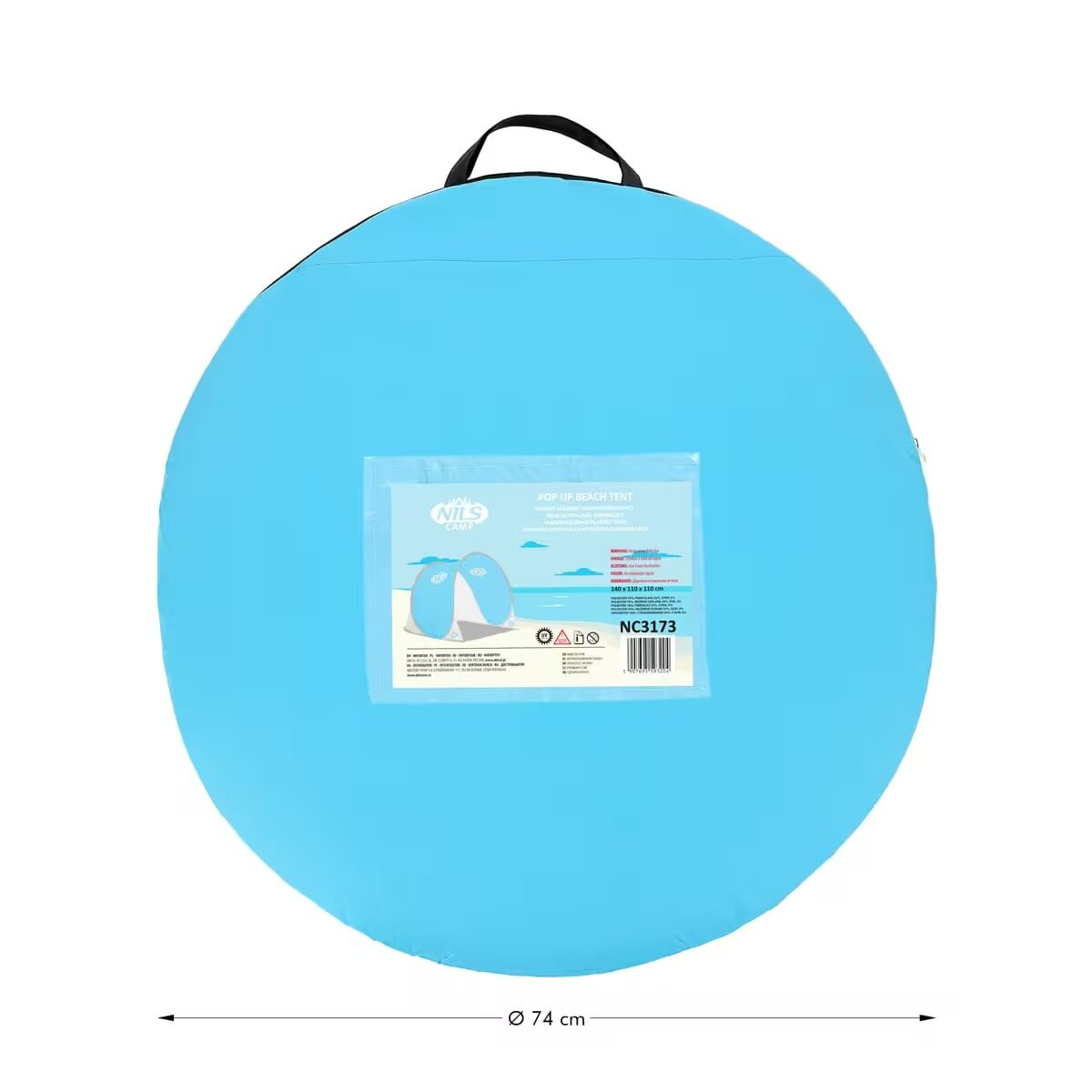 Een ronde, lichtblauwe pop-up strandtent. Een label toont een tentafbeelding en specificaties. Het heeft een zwart handvat aan de bovenkant. De diameter is 74 cm.