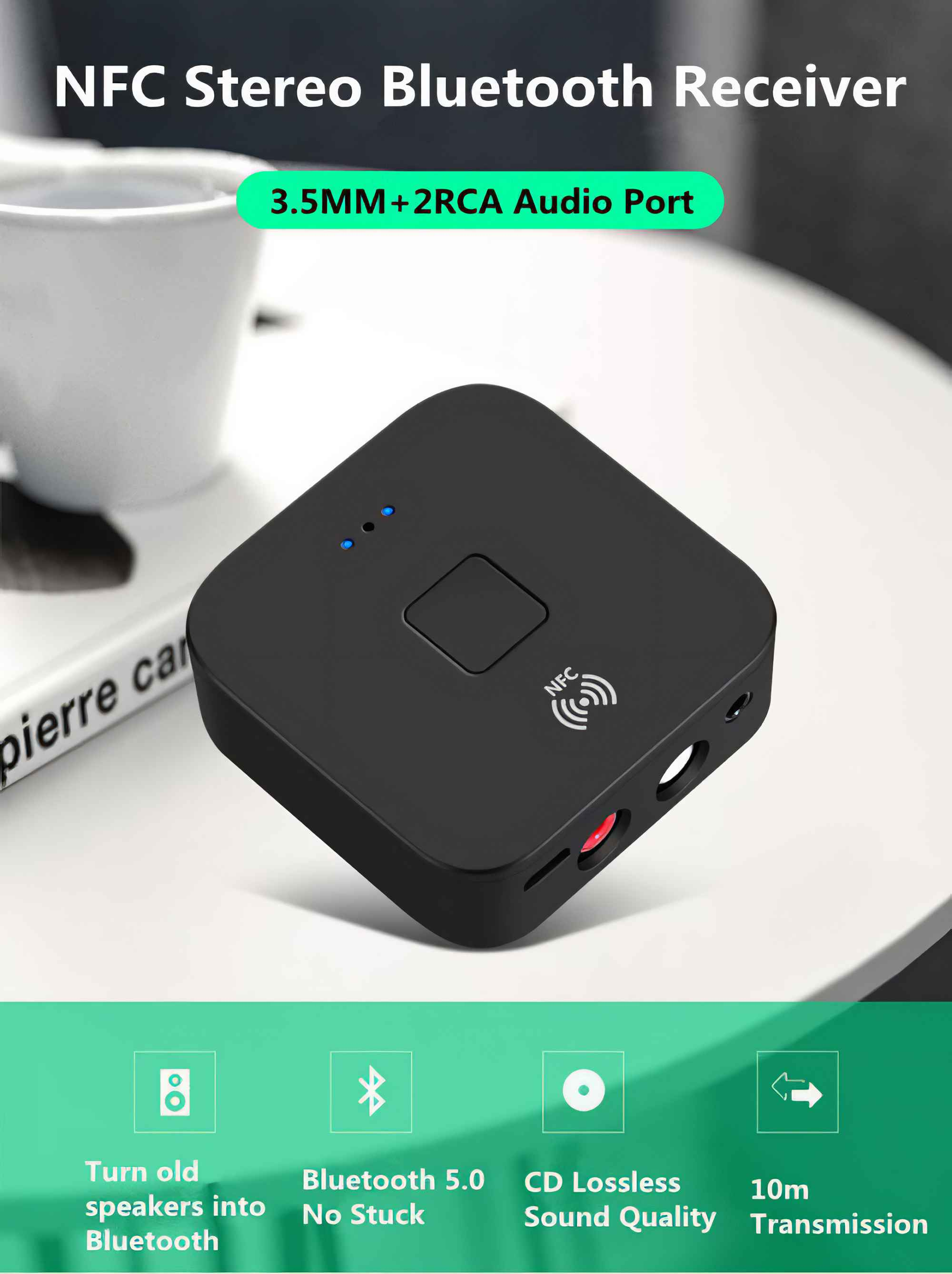 Schwarzer NFC-Bluetooth-Empfänger mit Anschlüssen auf einem Tisch. Text: NFC Stereo Bluetooth Receiver, 3.5MM+2RCA Audio Port.