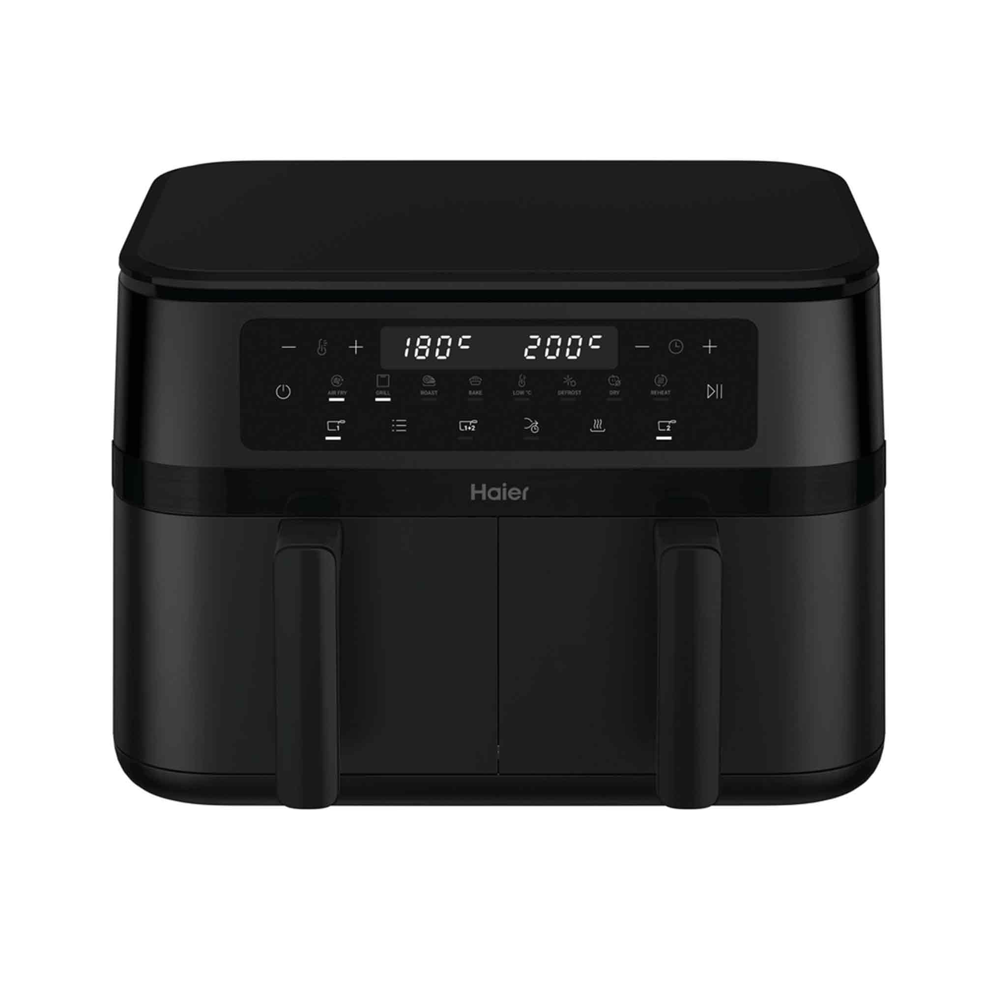 Ein schwarzer Haier-Heißluftfritteuse mit Digitalanzeige, die 180 und 200 Grad anzeigt, plus verschiedene Funktionstasten.